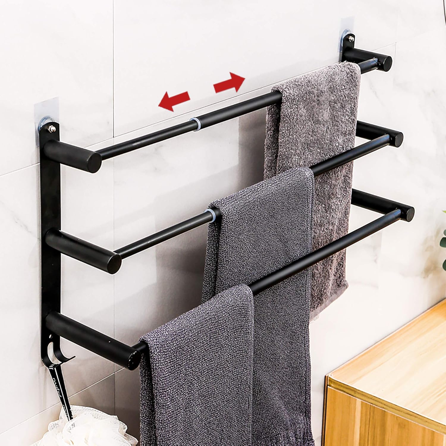Towel Bars Freely Retractable 20-30 Inche Stainless Steel 304 Bath Towel Rack Strong 3M Adhesive Bathroom Wall-mounting Free mounting Hole-Installing washroom Kitchen Space Saving Black-3 Bars