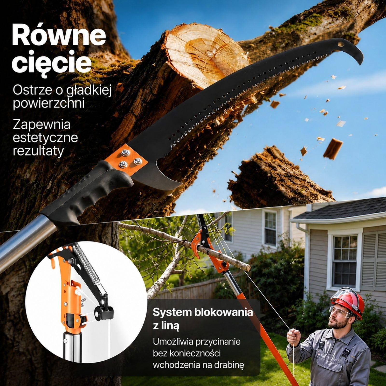 Ręczna piła na wysięgniku ze stalowym ostrzem, elementami z włókna szklanego, klamrami nylonowymi, do palm i krzewów