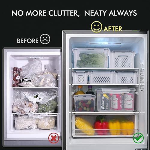 Miniatura 4 de HOTEC Paquete de 5 recipientes grandes de almacenamiento de frutas para refrigerador a prueba de fugas con colador extraíble, sin BPA, apto para