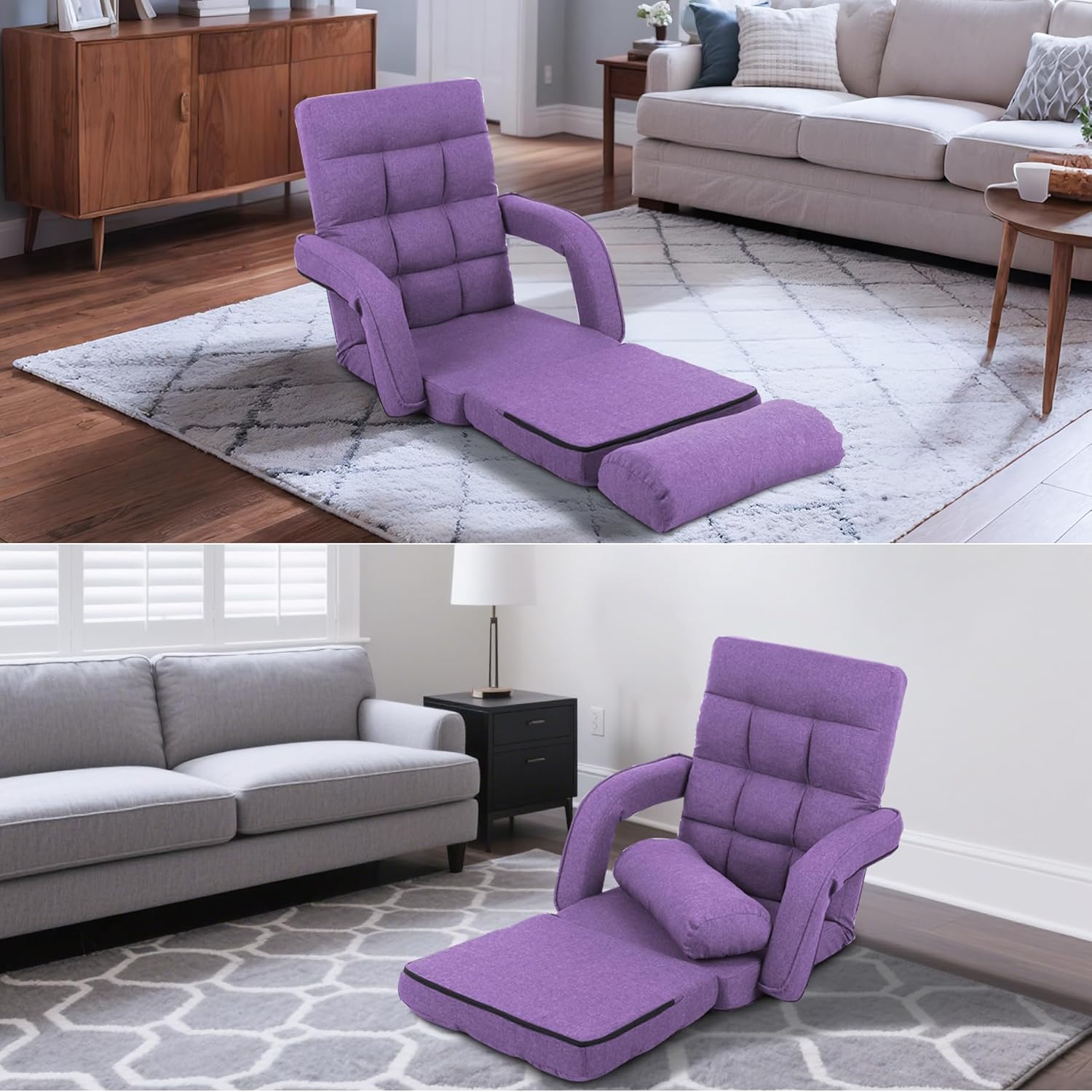 Adjustable Floor Chair for Adults with Back Suppor,5-Position Folding Lazy Sofa with Pillow, Gaming & Meditation Chair with Breathable Fabric - for Living Room, Bedroom, Office,Balcony (Purple)