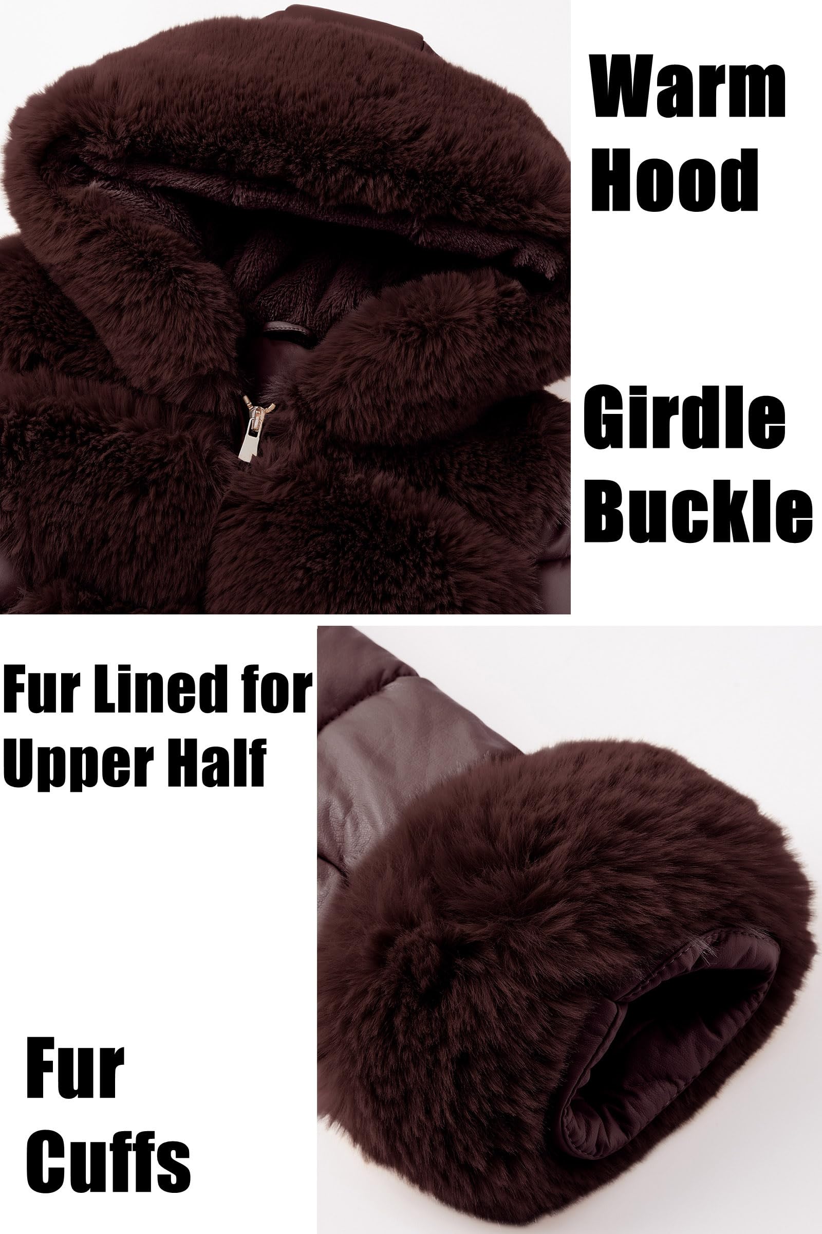 RISISSIDA Women Winter Fur Lined Coat,Puffer Jacket with Long Fur Trim Hooded,Warm Leather Bubble Overcoat Cold-resistant: Medium Burgundy Wine