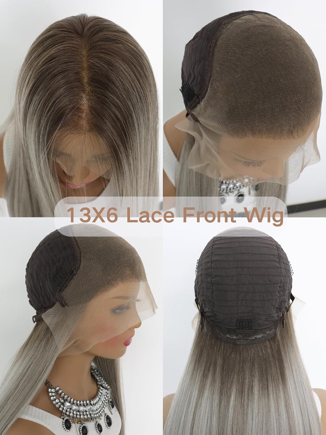 Highlight Ashy Gray 13x6 Lace Front Wig Pre Plucked Glueless Long Straight Ombre Mixed Grey Platinum Blonde HD 13x6 Frontal Wig Free Deep Parting Synthetic Lace Front Wigs for Women