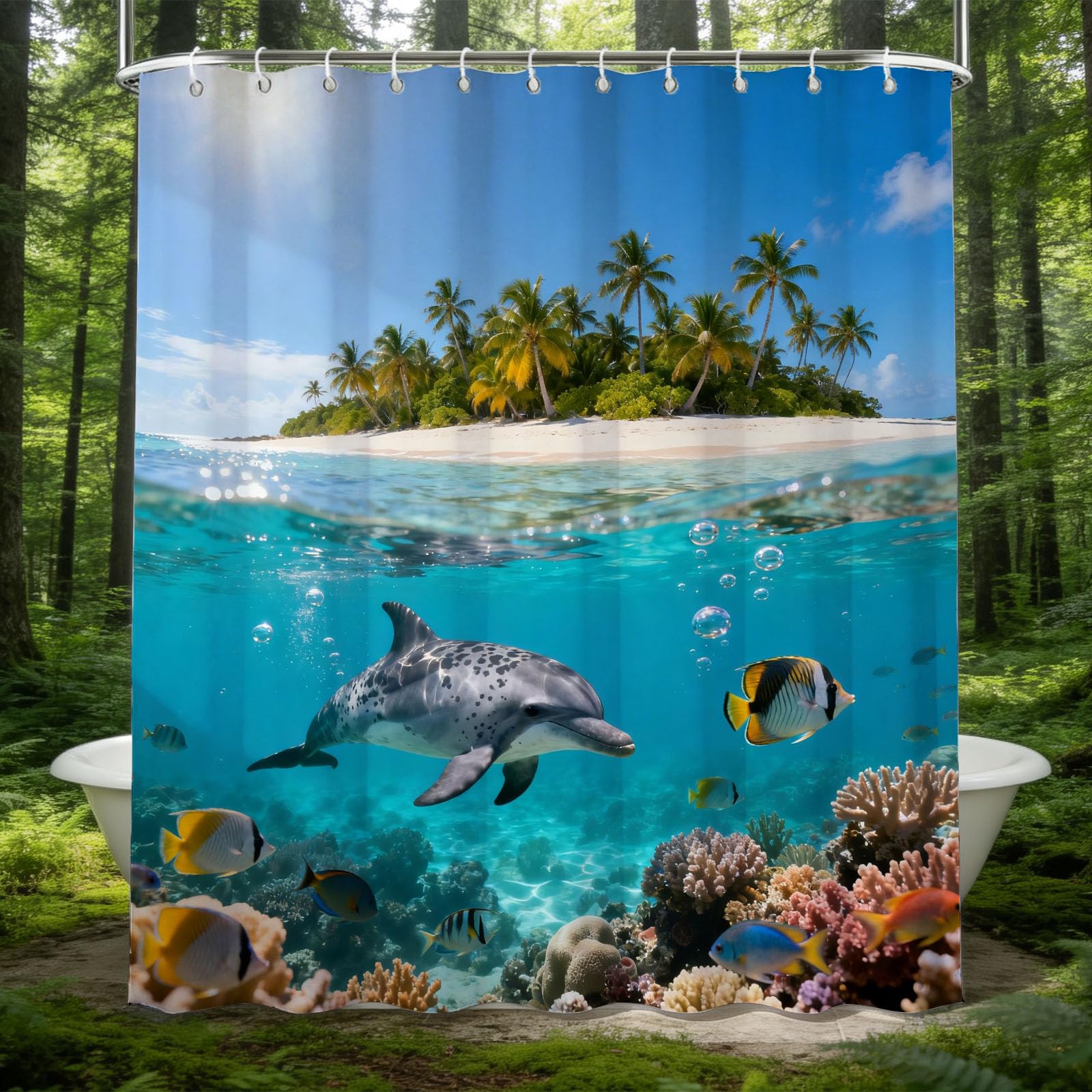 Hongduo 3D Island Landscape Shower Curtain for Stalls Bathtubs Coral Bathroom Decor Shower Curtain Set Polyester Fabric Waterproof 180x200cm/71X79 Inch with Hooks