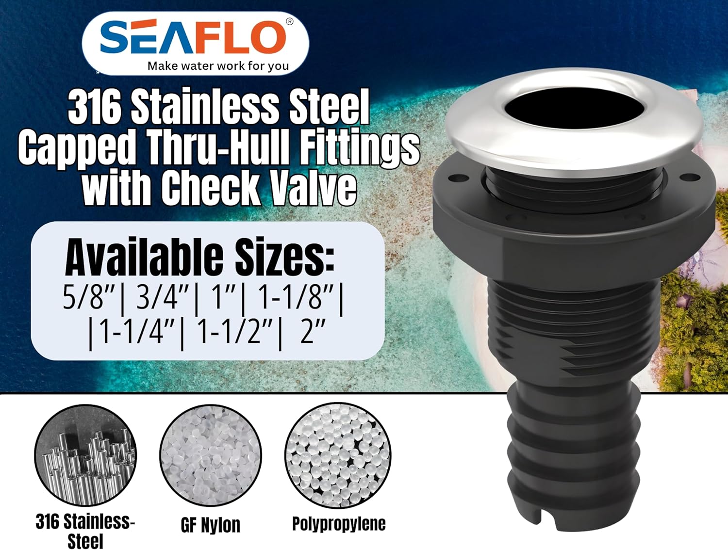 SEAFLO Thru Hulls Fitting Thru-Hull with Check Valve, 5/8”, 3/4”, 1”, 1-1/8”, 1-1/4”, 1-1/2”, or 2” Sizes, White/Black, Polypropylene/Nylon, 4-Year Warranty, (Choose Color, Size, and Pack Size)