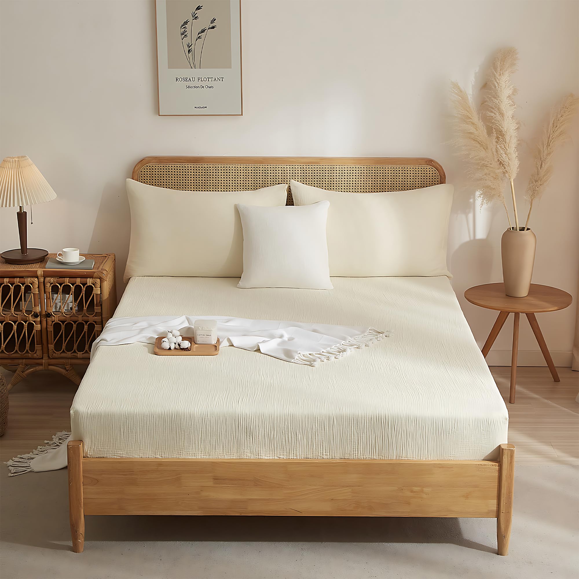 Luowei Muslin Spannbettlaken 200x200cm-100% Baumwolle, WeichesAtmungsaktives Bettlaken für Sommer & Winter，Ökotex，Beige Boxspringbett Spannbetttuch，Passend für Matratzen bis 30cm