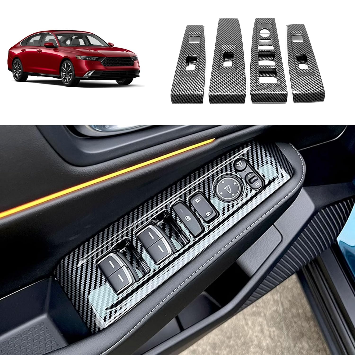 Window Lift Door Lock Switch Control Cover Compatible with Honda Accord 2023 2024 Window Switch Console Panel Trims Interior Car Accessories ABS 4PC(High Configuration,Carbon Fiber Style)