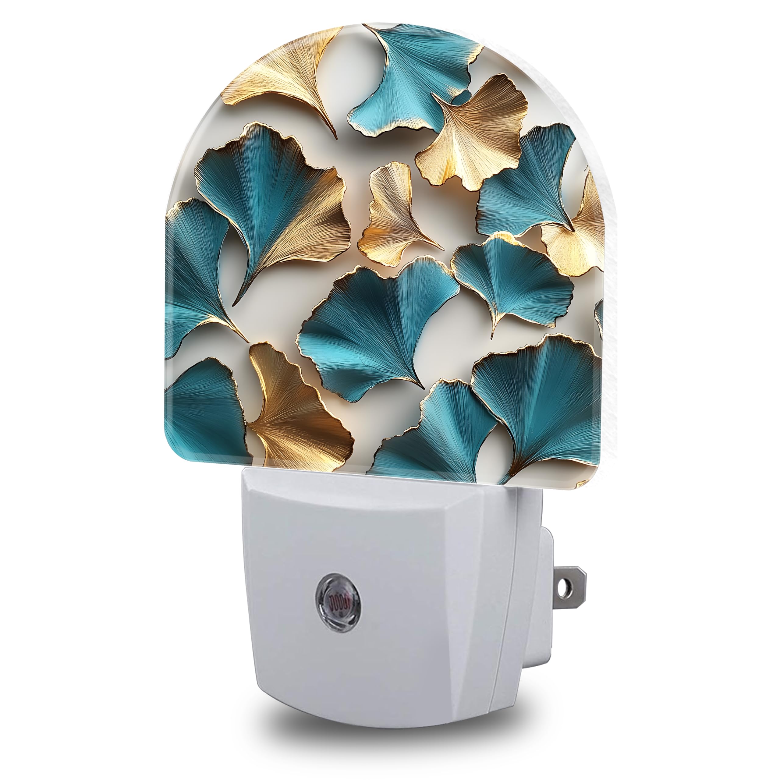 FOISIIAEA Night Light, Turquoise and Gold Ginkgo Leaves Night Lights Plug into Wall Dusk to Dawn Sensor Round Nightlight for Women Men Energy Efficient Led Lamp 0.5W for Stairway Hallway Bedroom