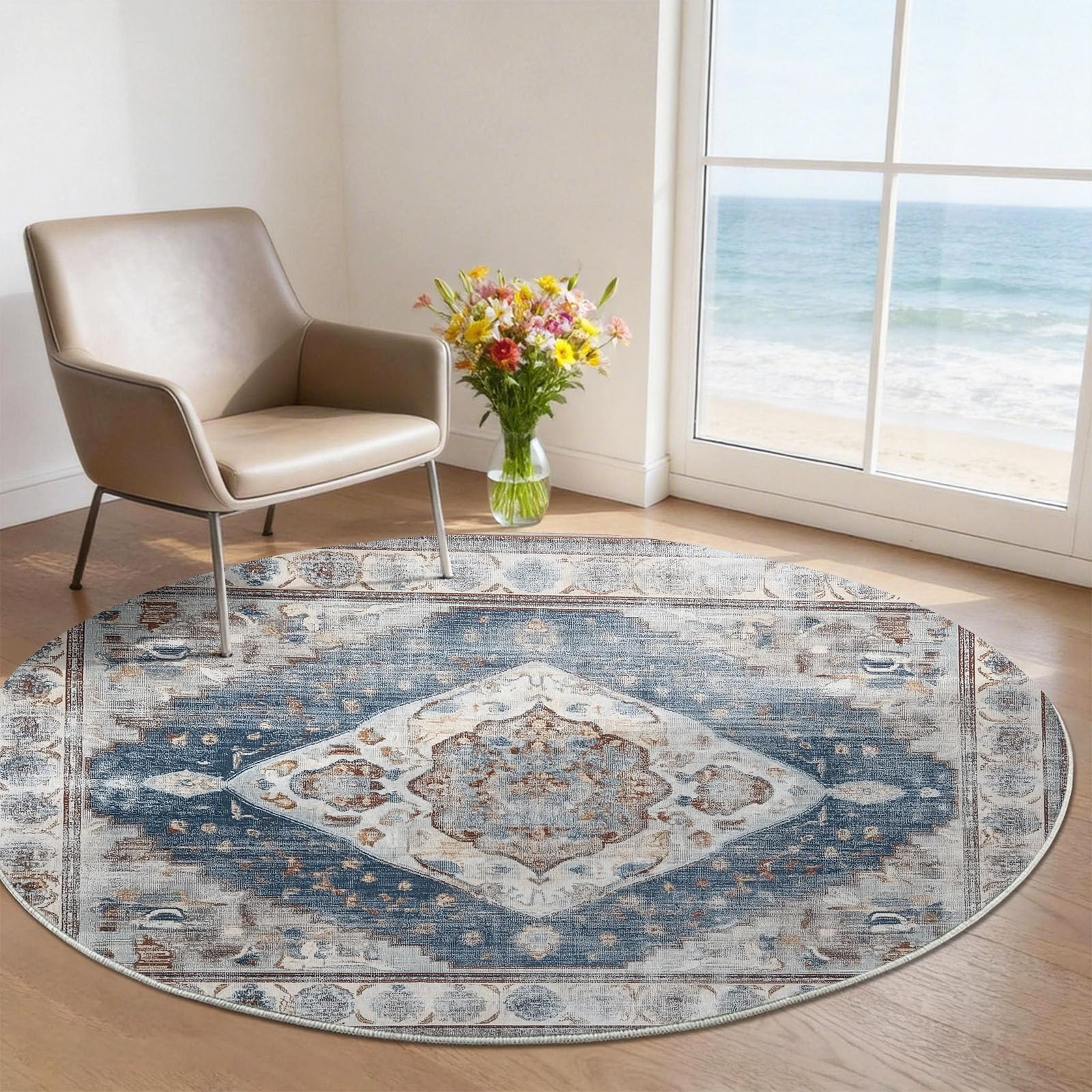 Lavable Tapis 100 cm Rond Intérieur Usé Abstrait Fleurs pour Salon, Chambre ou Couloir - Doux et Antidérapant - Traditionnel Boho Facile à Nettoyer Poil Ras Tapis pour Salle de séjour, Multicolore
