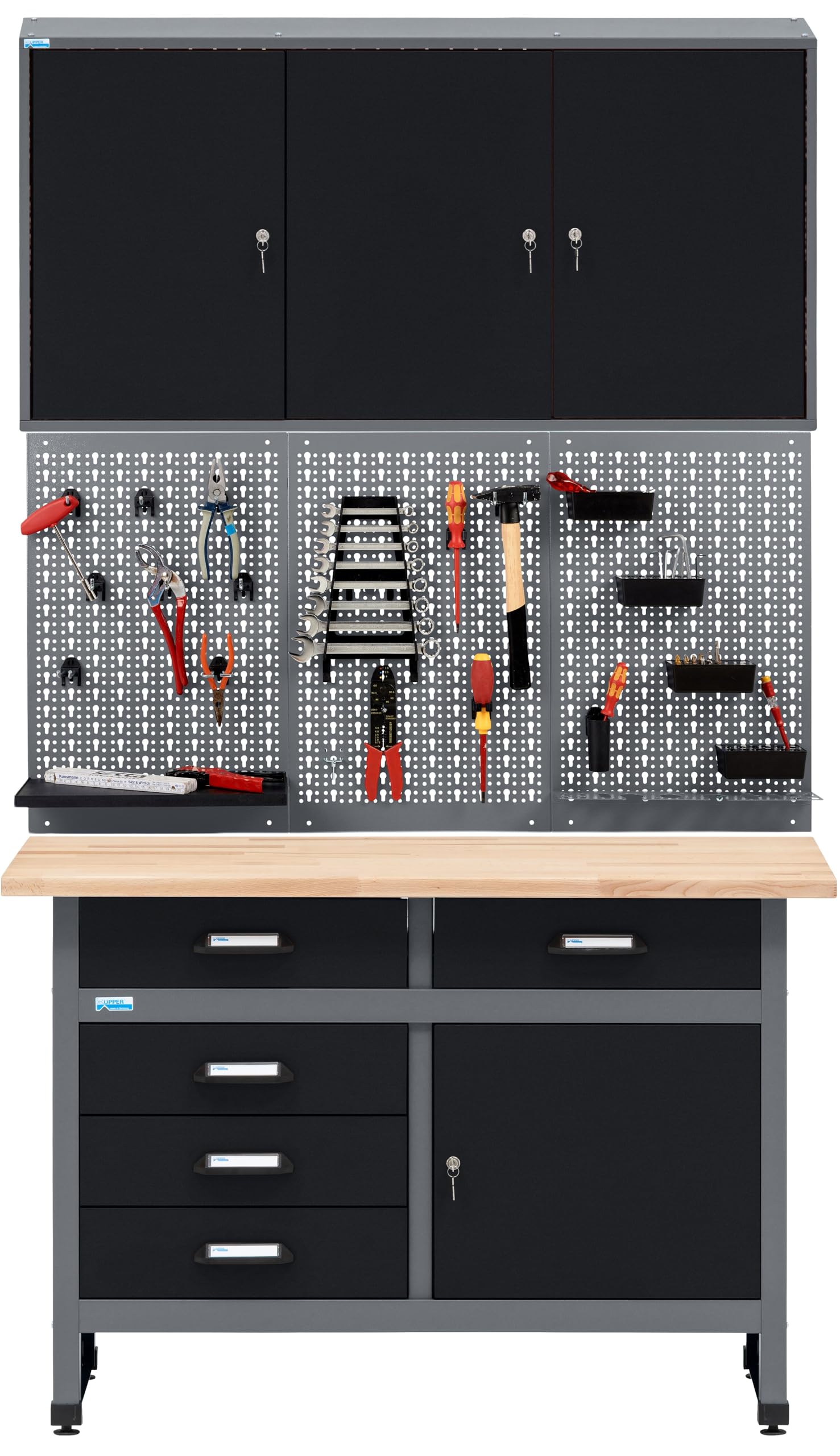 Küpper Werkstatt Sparset 70424-9, 120 cm, Werkbank, Hängeschrank, Lochwand inkl. 12 Standard-Haken (Schwarz)
