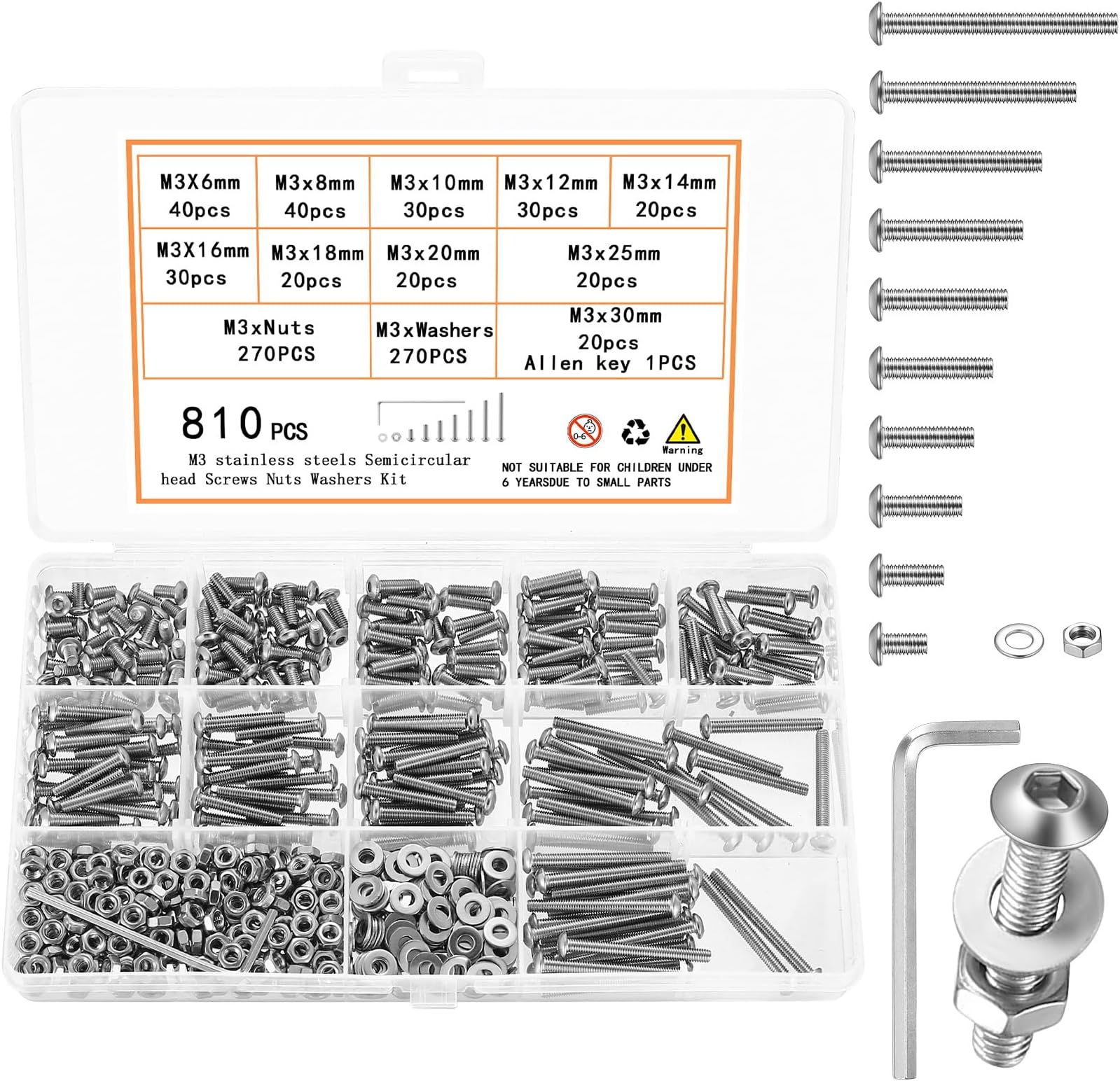 810 Pcs M3 Screws Kit, M3 Machine Screws and Nuts and Washers Set, Assorted Button Head Socket Cap Screws Nuts and Bolts Assortment Kit, Stainless Steel Metric Screw Assortment, Fully Threaded