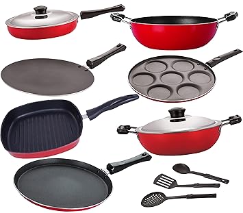 Nirlon Non-Stick Dishwasher Safe Aluminium Cookware Utensil Combo Gift Set Offer with Spoon-10 Pcs [FT12_CT12_FP12_KD13_DKD(M)_UP7_GP22_3SPN]