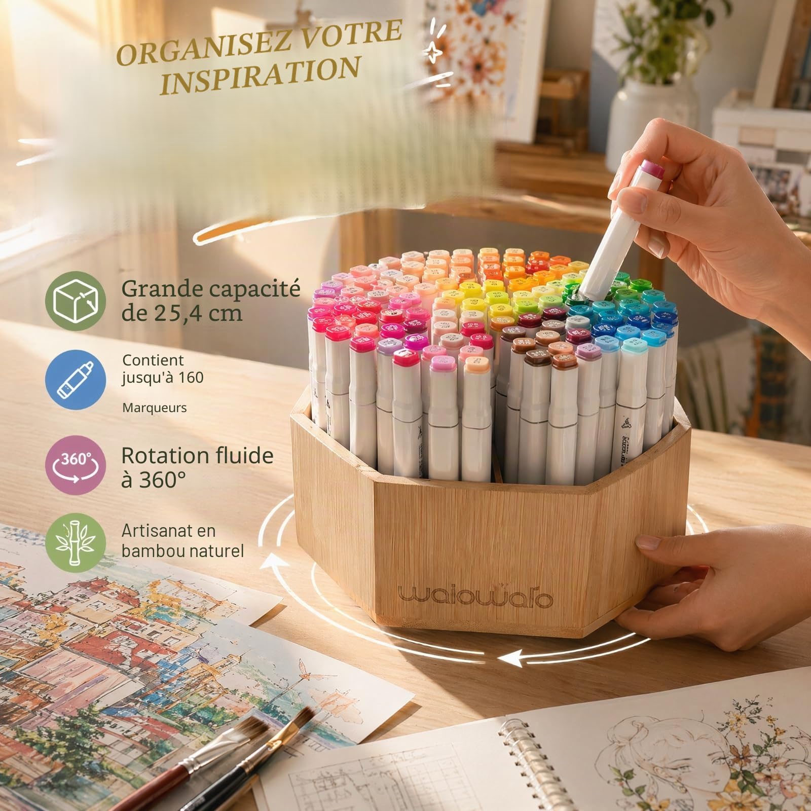 walowalo Organiseur rotatif en bambou pour fournitures artistiques - Peut contenir plus de 800 crayons, marqueurs, stylos pour bureau, école, salle de classe, papeterie (version plus grande)