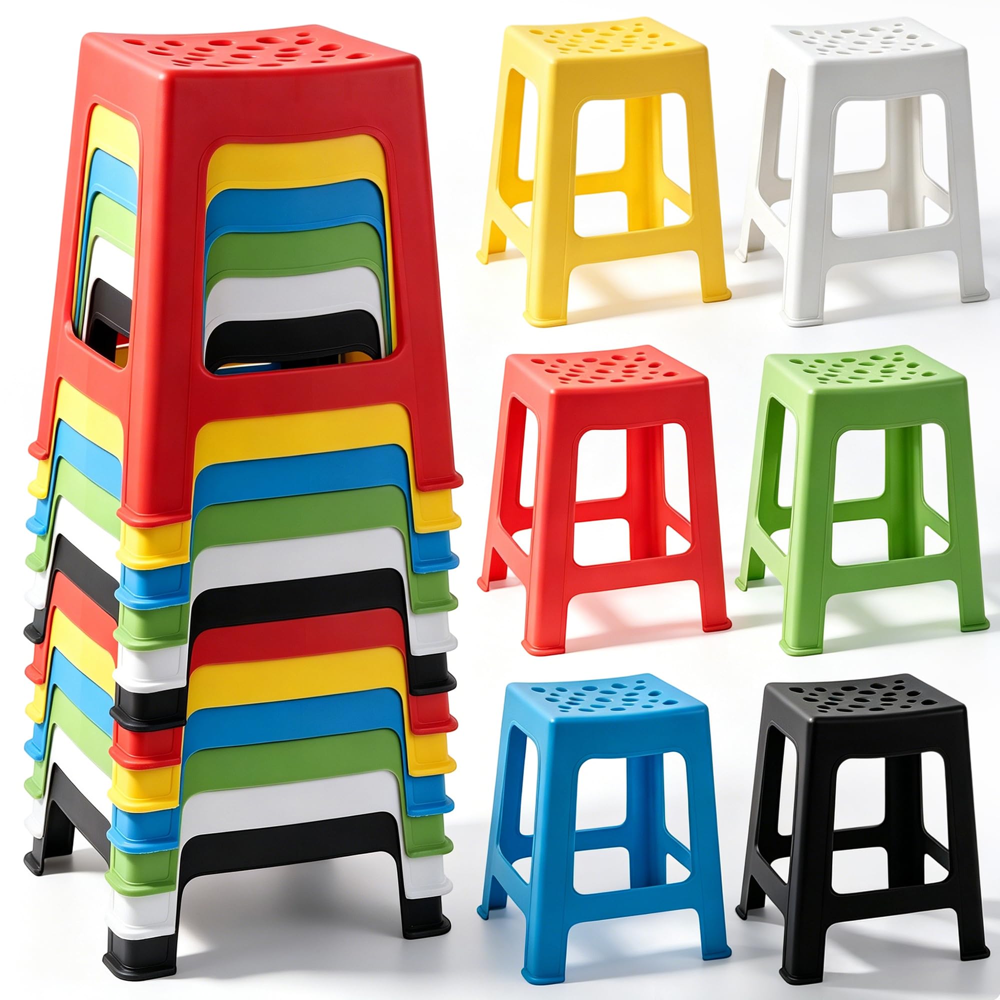 TURSTIN 12 Pack Plastic Stack Stools, 16.9 Inch Stackable Nesting Stools, 6 Mixed Colors Portable Stacking Backless Bar Stool Flexible Seating Chairs for Office Home