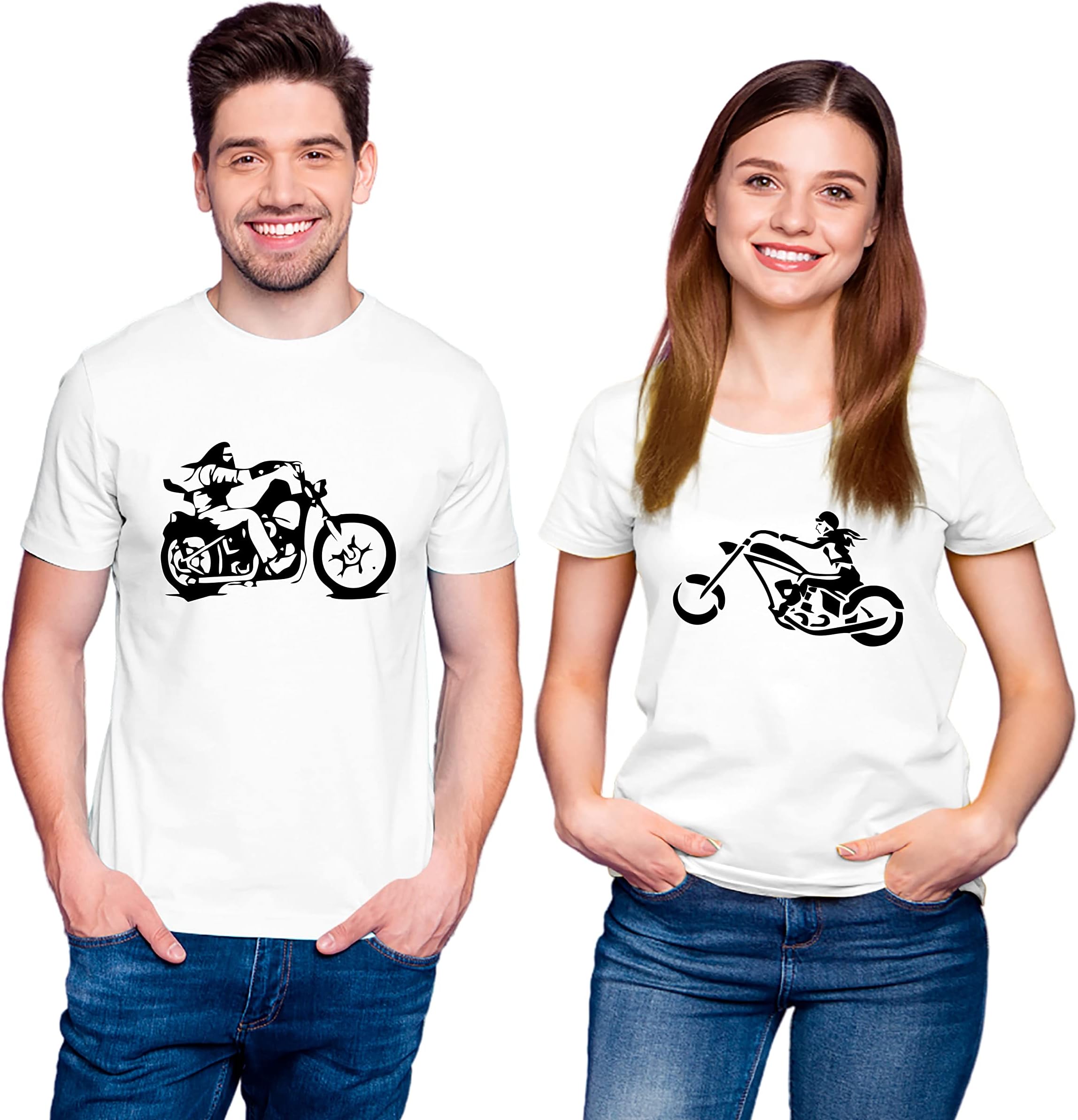 Hangout HubHH118 Couple Men's & Women's Couple Tshirts for Couple/Round Neck Cotton Printed Regular Fit Biker T-Shirts Tees/Mr and Mrs Bike Riders Half Sleeves (Pack of 2)