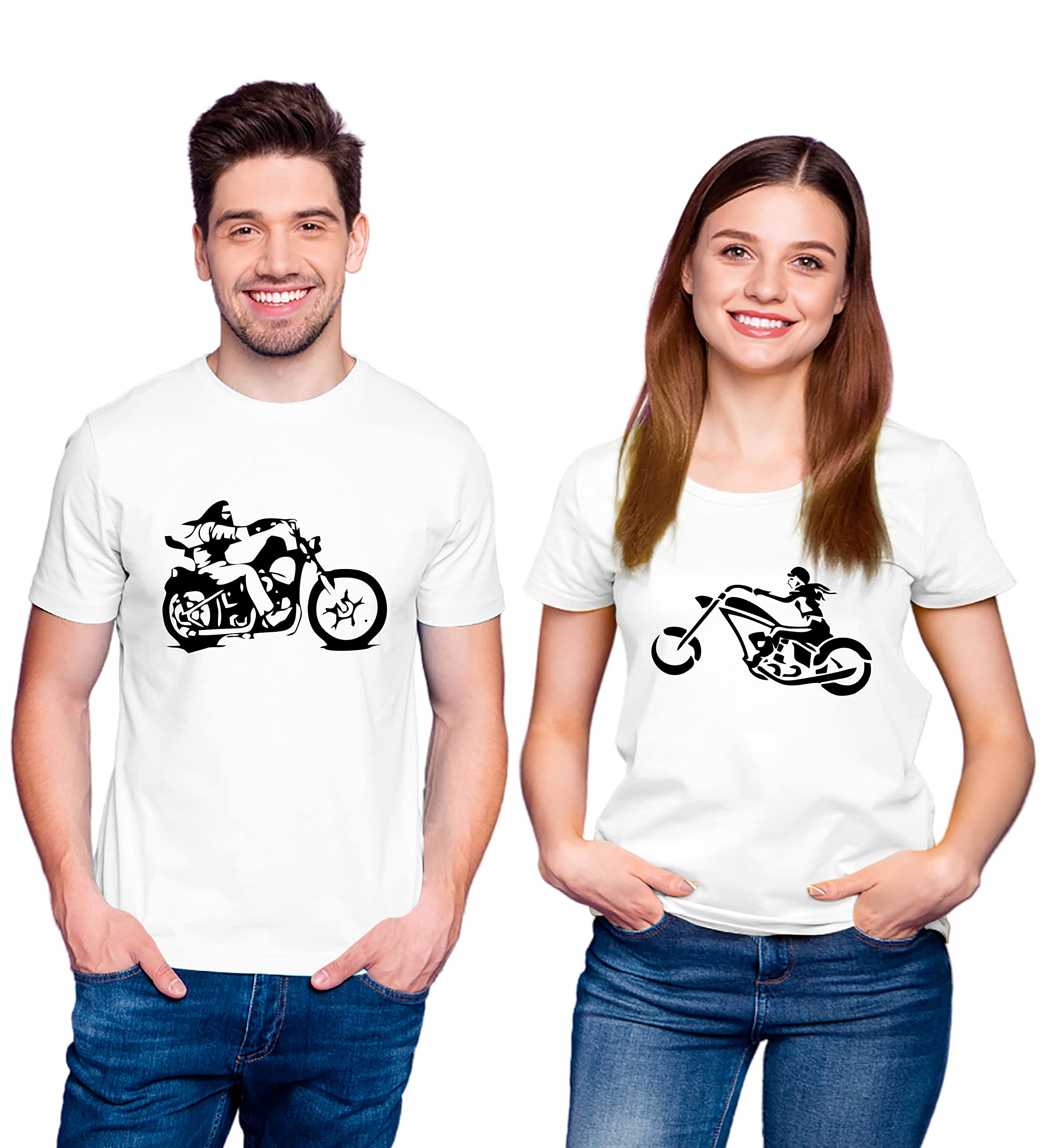 Hangout HubHH118 Couple Men's & Women's Couple Tshirts for Couple/Round Neck Cotton Printed Regular Fit Biker T-Shirts Tees/Mr and Mrs Bike Riders Half Sleeves (Pack of 2)
