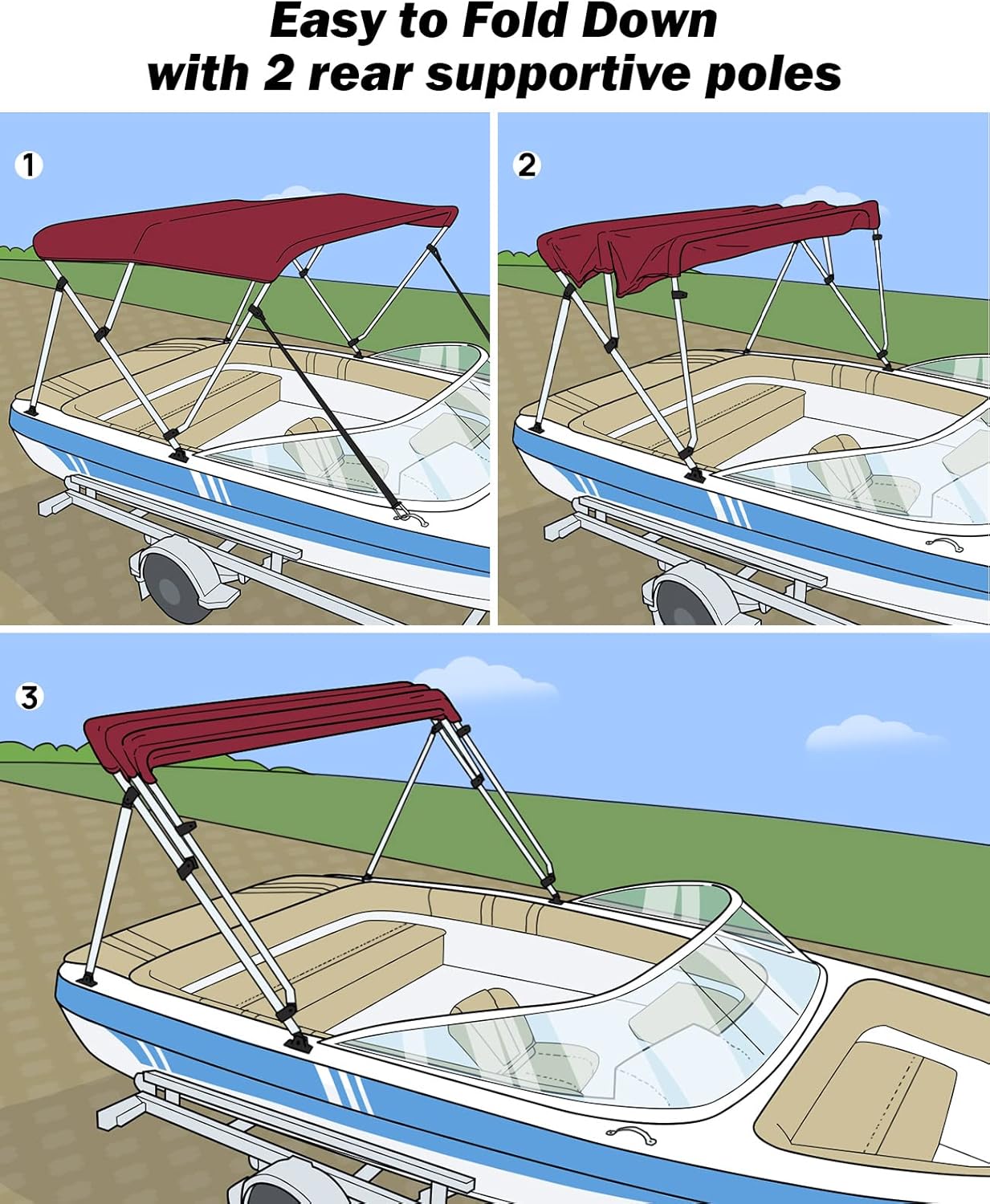 Buy kemimoto Bimini Top for Boat, Pontoon Boat Bimini, 3 Bow Bimini Top