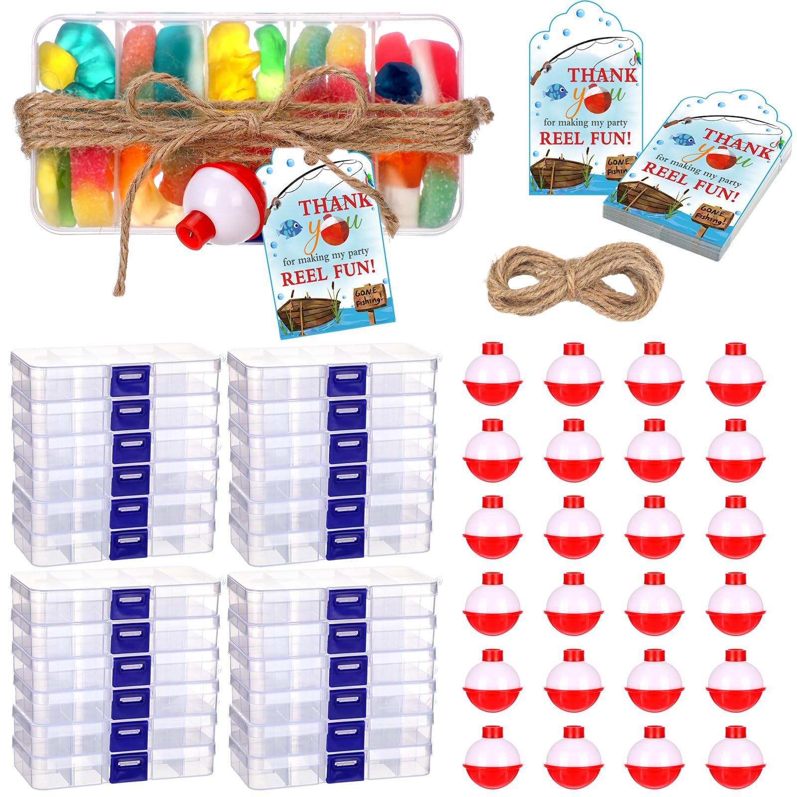 Wonderjune 48 Sets Fishing Party Favors Candy Little Tackle Boxes with Red White Floater Thank You Cards for Making My Reel Fun Fishing Theme Party