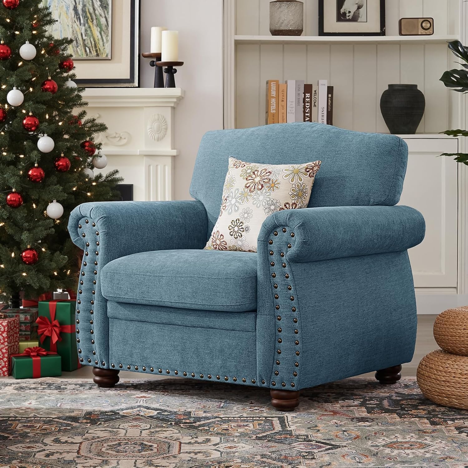 ONBRILL Nailhead Trim Armchair, Rolled Arm Accent Chair for Living Room, Comfy Chenille Club Sofa Chair w/Springs Cushions & Wood Legs, Traditional