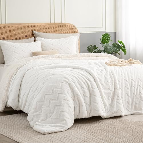 Miniatura 2 de BEDELITE Juego de edredón esponjoso tamaño king, edredón blanco sherpa súper suave para cama tamaño King, juego de ropa de cama cálido de lujo para