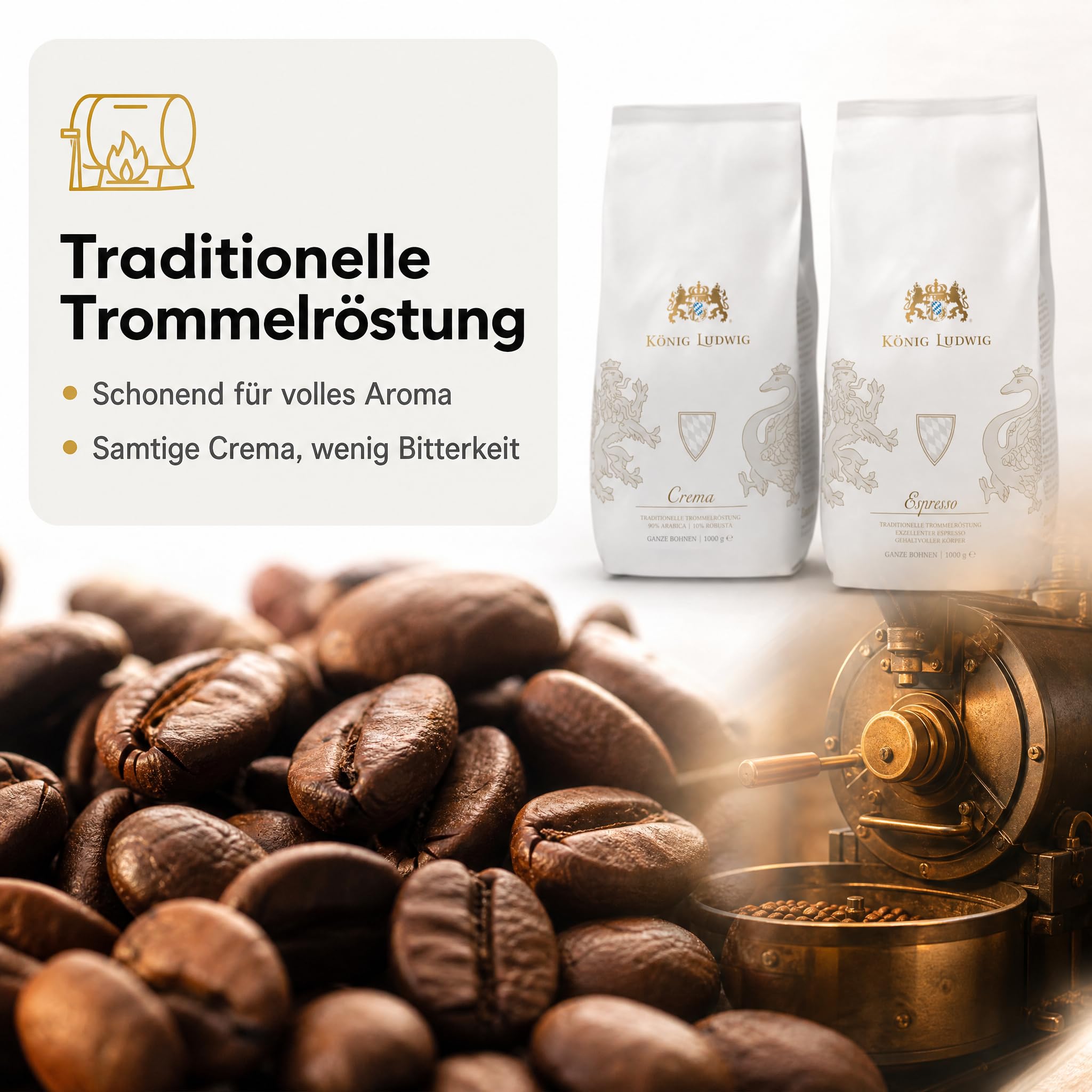 König Ludwig Kaffeebohnen Set, 90% Arabica Crema und 60% Arabica Espresso, Traditionelle Trommelröstung, 2000g (Espresso 1 Kg + Crema 1 Kg)