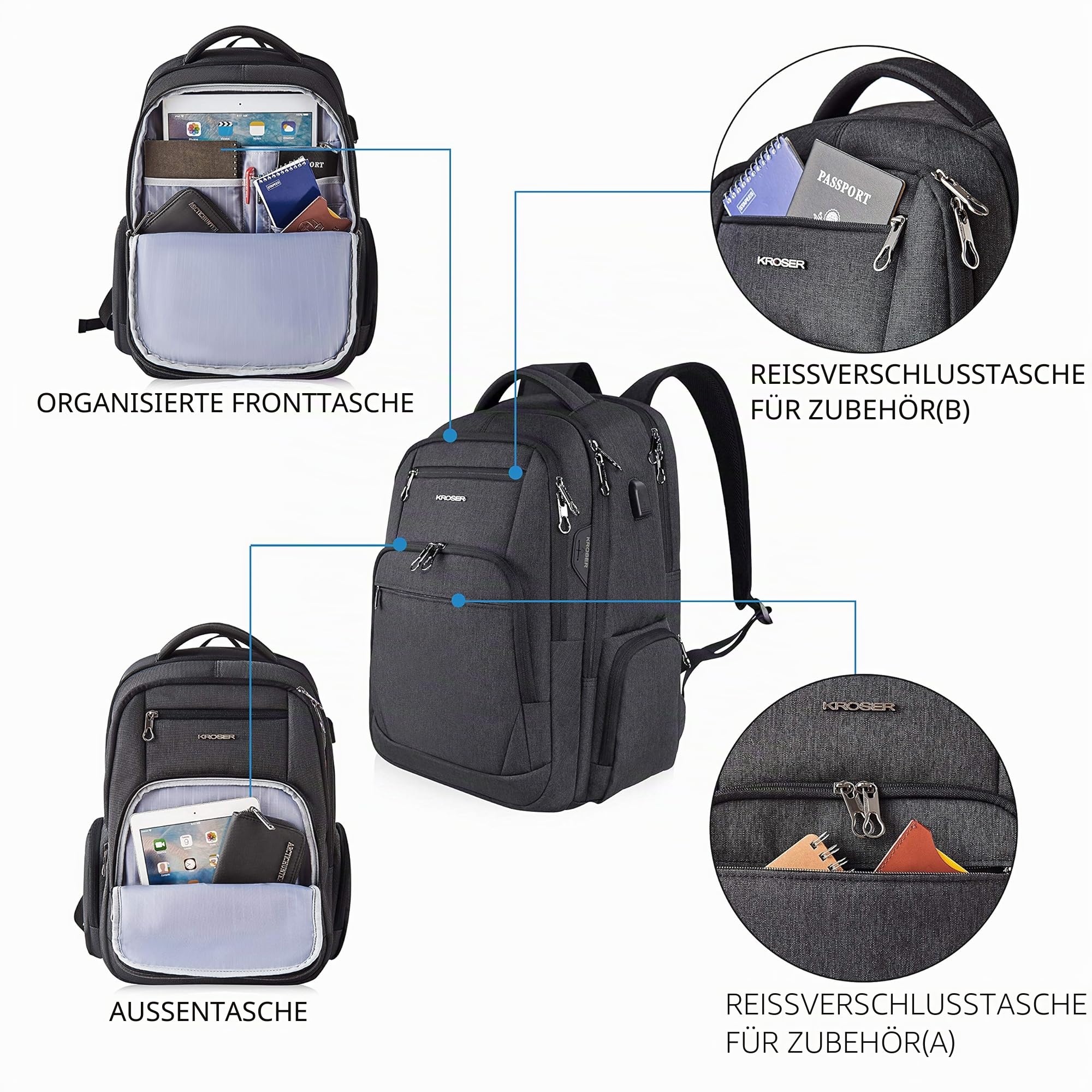 KROSER Laptop Rucksack 17-17,3'' Business Rucksack Schulrucksack