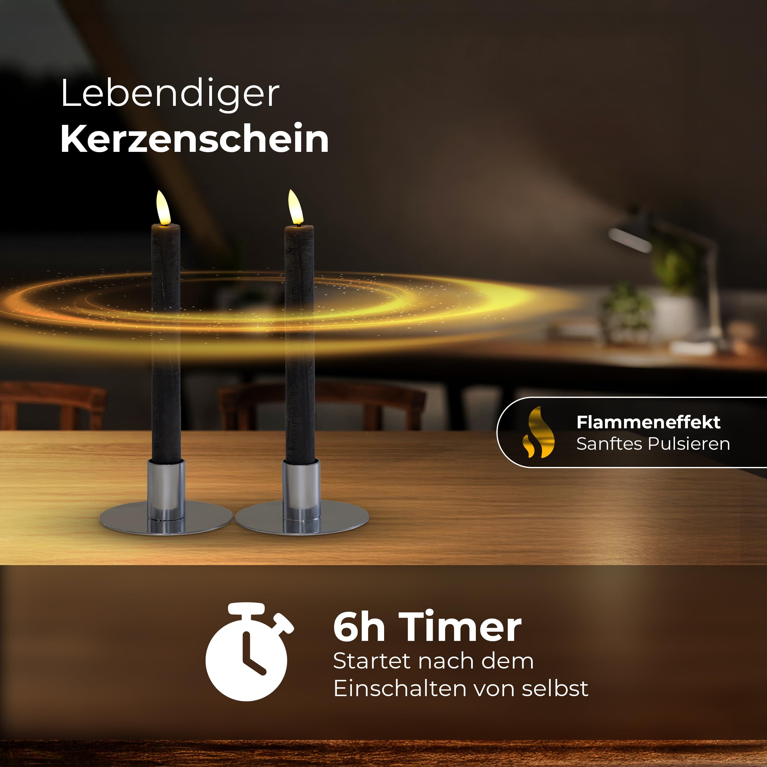 LED Stabkerzen 24 Stück ECHTWACHS SCHWARZ mit Timer Funktion 6 Stunden 24cm Höhe für Kerzen 2,2cm Durchmesser 2 AAA Batterien notwendig LED Stabkerzen 4er Set SCHWARZ (sechs Mal) bewegliche Flamme