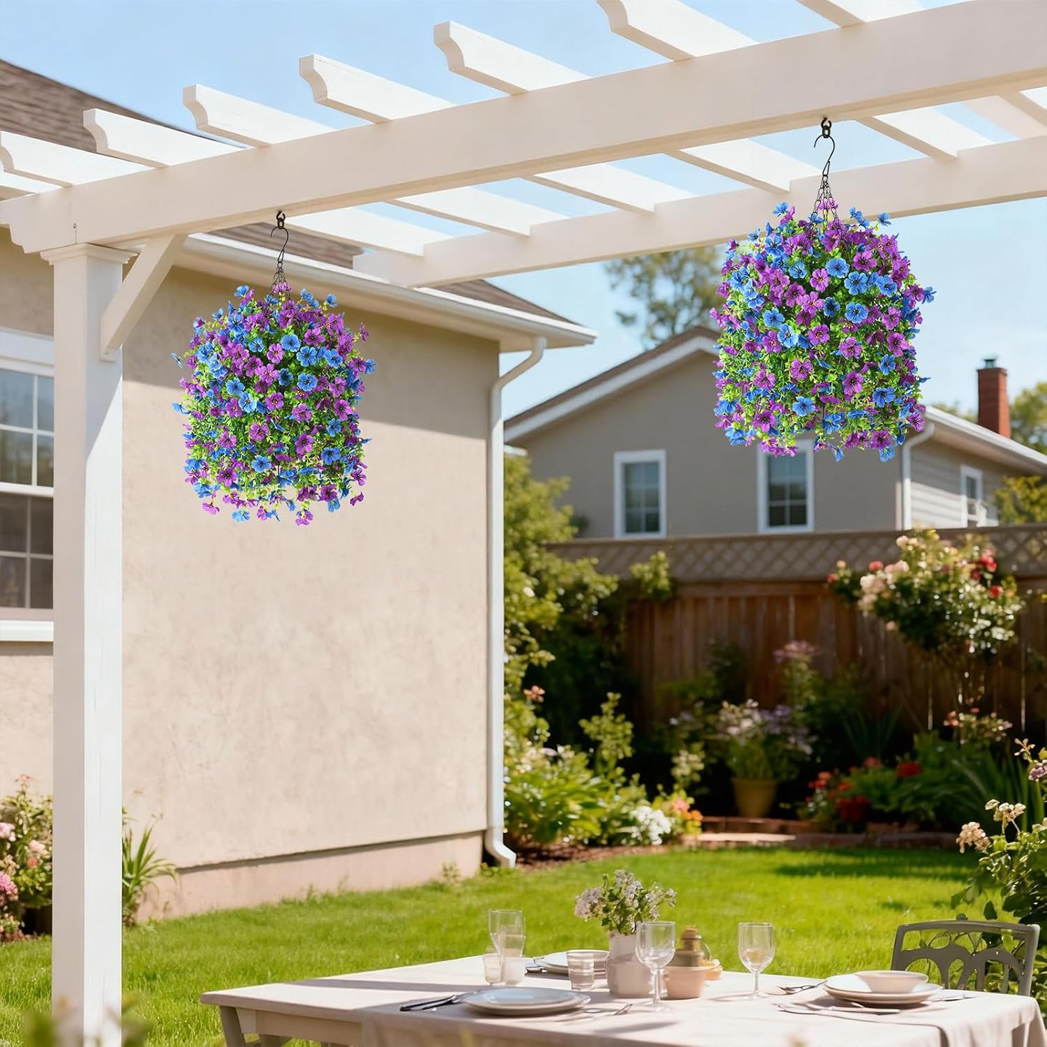Artificial Flowers Hanging Baskets, 4 Bundles Outdoor Hanging Basket Spring Summer Decoration, No Fade Realistic Fake Flowers Plants for Porch Patio Balcony Home Yard Decor(Purple Blue)