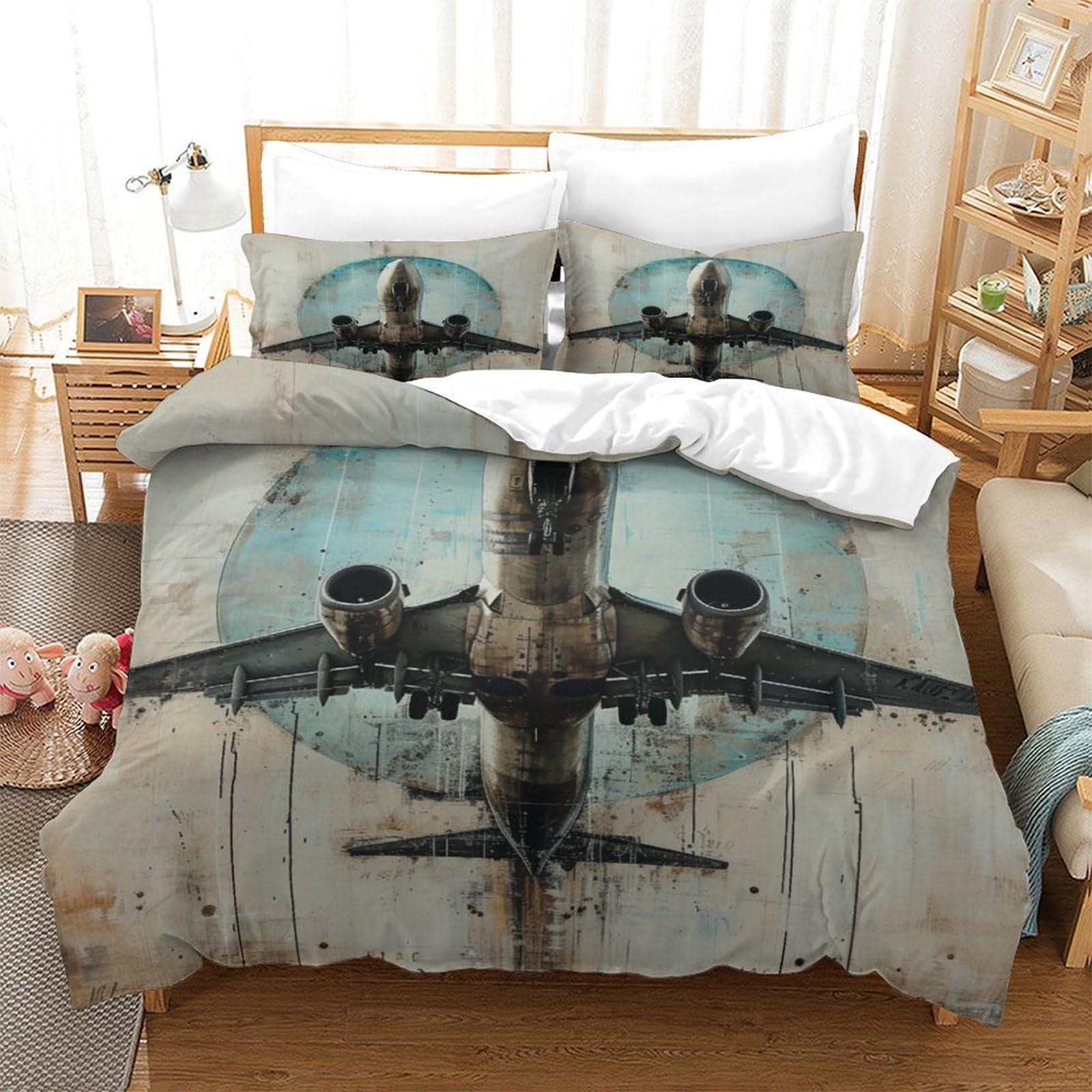 P1S9U7W5Y 3D Printed Vintage Aircraft Duvet Cover Set 3pcs Microfiber Aviation Bedding Set Double（200x200cm）