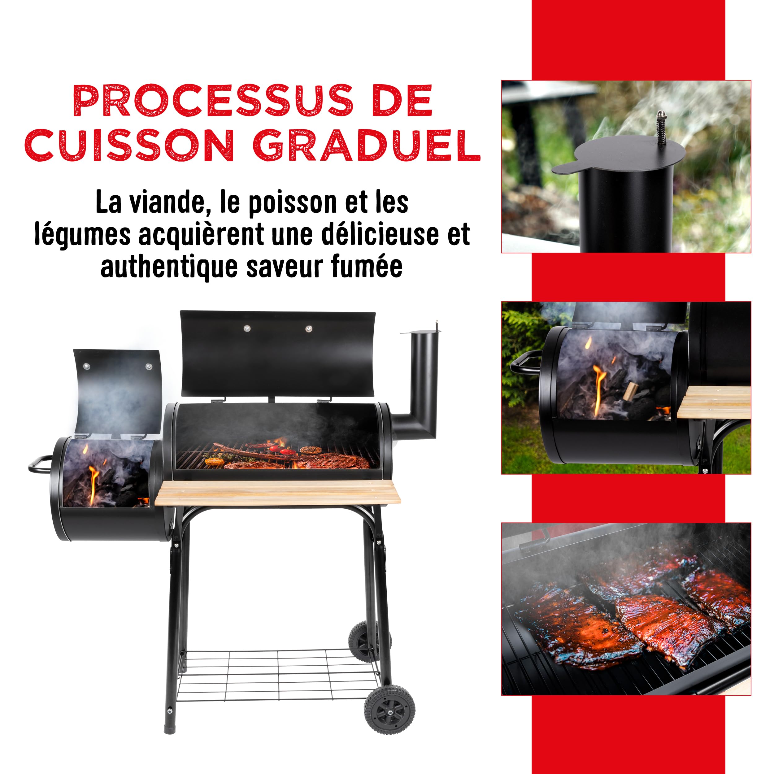 BBQ Collection Fumoir Barbecue - BBQ - Barbecue Charbon de Bois Grande Taille - Cheminée Réglable - 104 x 58 x 114 cm