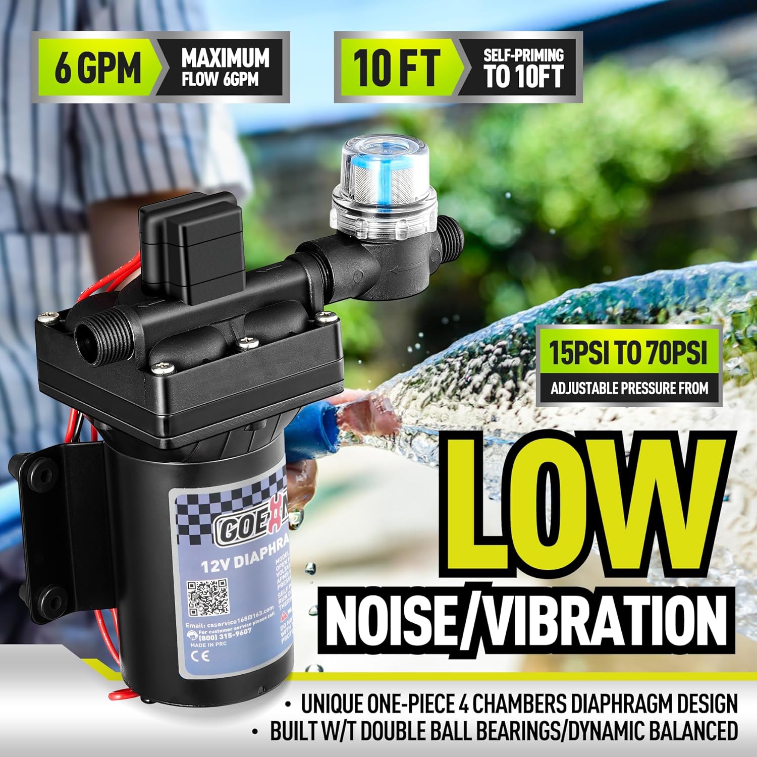 [Upgraded Version] RV Fresh Water Pump, 12V DC Water Pump, 6GPM 70PSI Self-Priming Diaphragm Pump with Pressure Switch and Strainer for RV, Marine, Yacht, Caravan