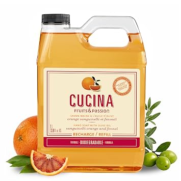 Cucina Fruits & Passion Hand Soap Refill, Orange & Fennel, 1 L (33.8 fl oz), Liquid Hand Soap with Moisturizing Olive Oil, Biodegradable, Vegan Formula, Kitchen & Bathroom