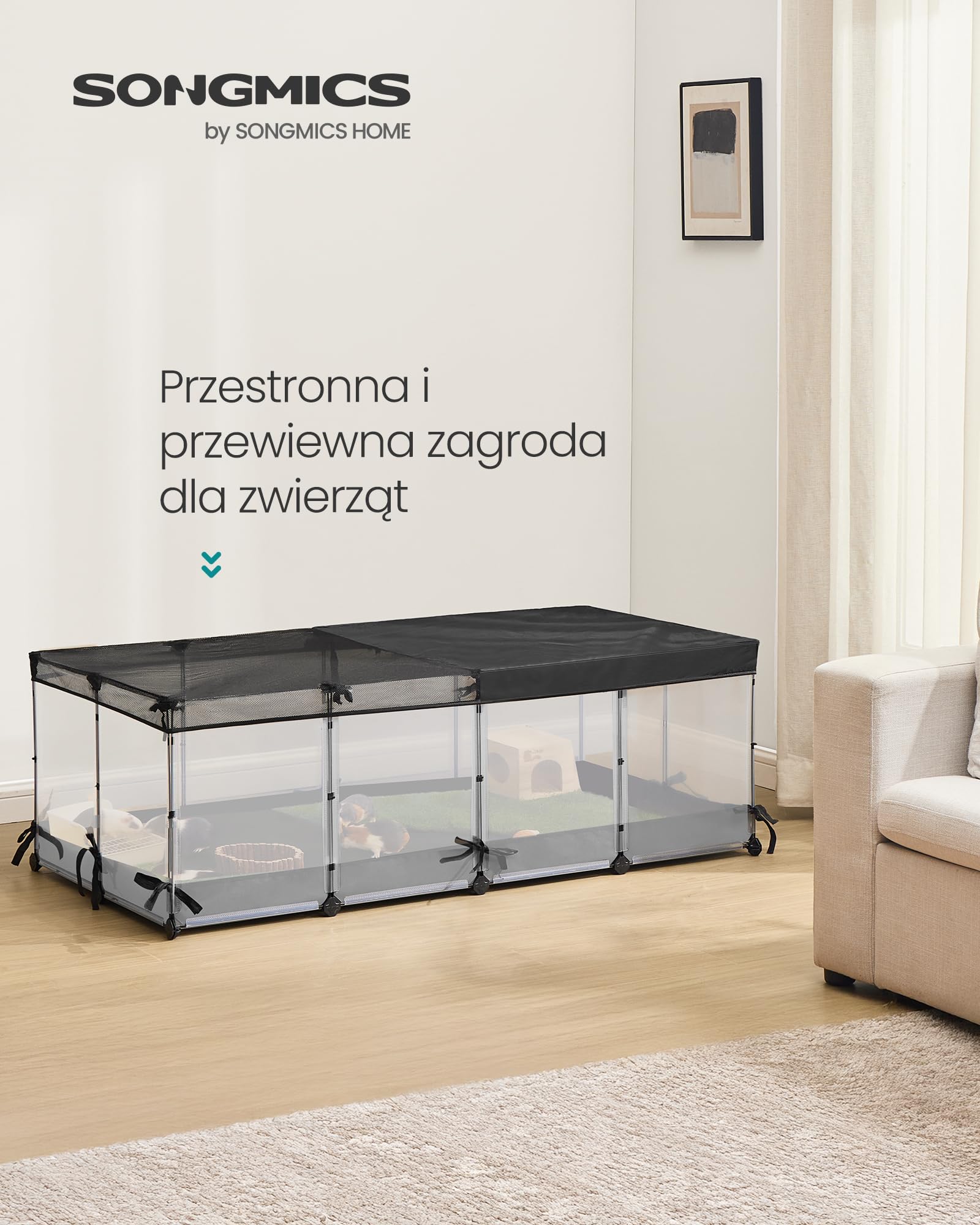SONGMICS Ogrodzenie dla małych zwierząt, półprzezroczyste panele, oddychająca tkanina, wodoodporna mata, dla królika, jeża, świnki morskiej, fretki, 144 x 74 x 47 cm, biała chmura LPC015W01