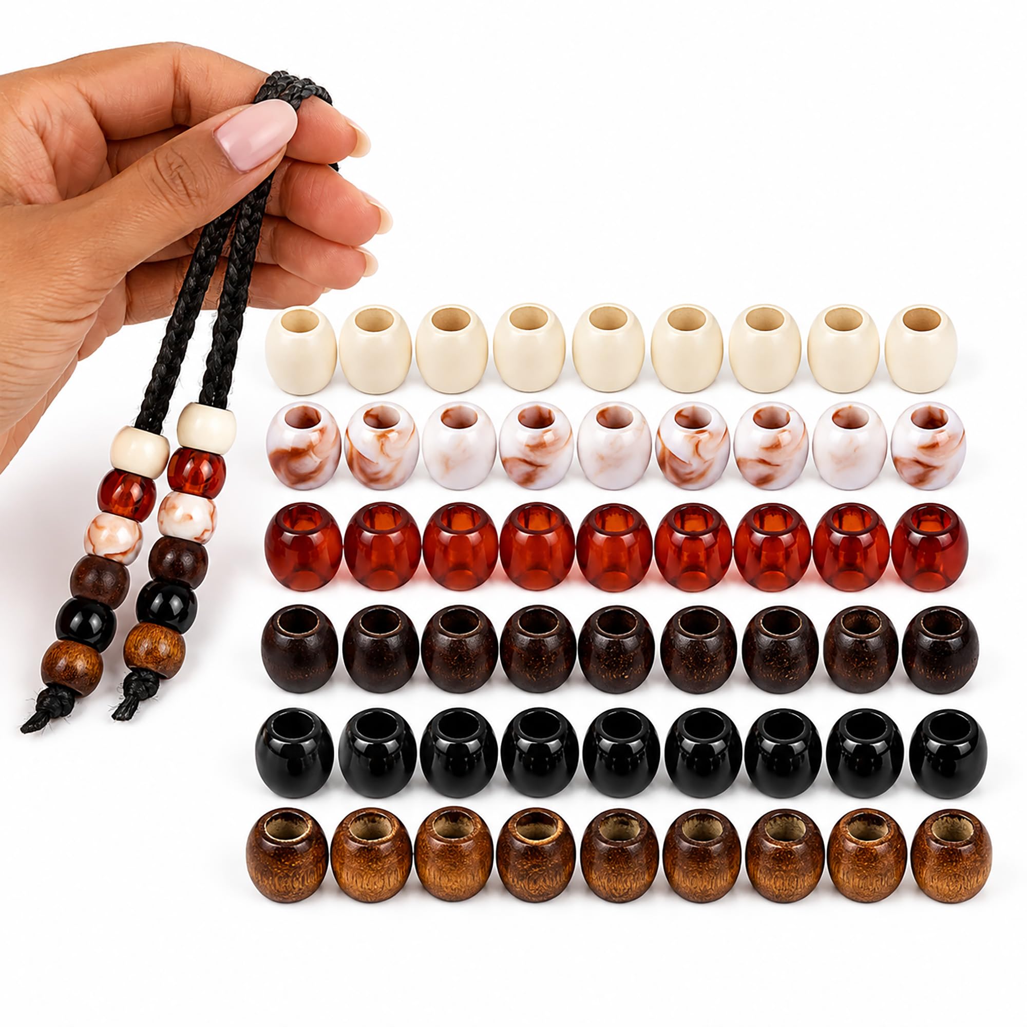 60 Pcs Wooden Hair Beads for Braids, Large Hole Braid Accessories