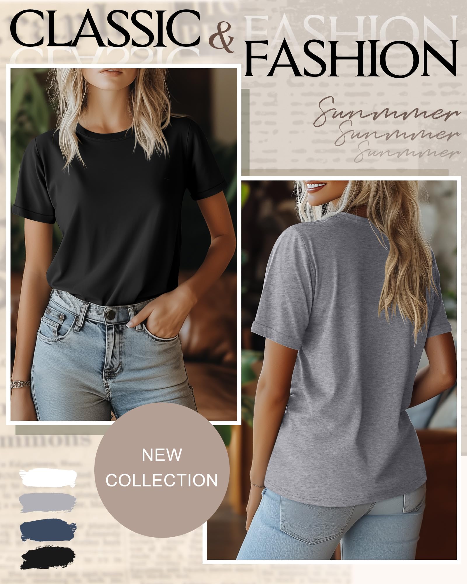 Ficerd Confezione da 4 T-Shirt da Donna in Cotone a Maniche Corte Tinta Unita Estive vestibilità Ampia Maniche Arrotolate