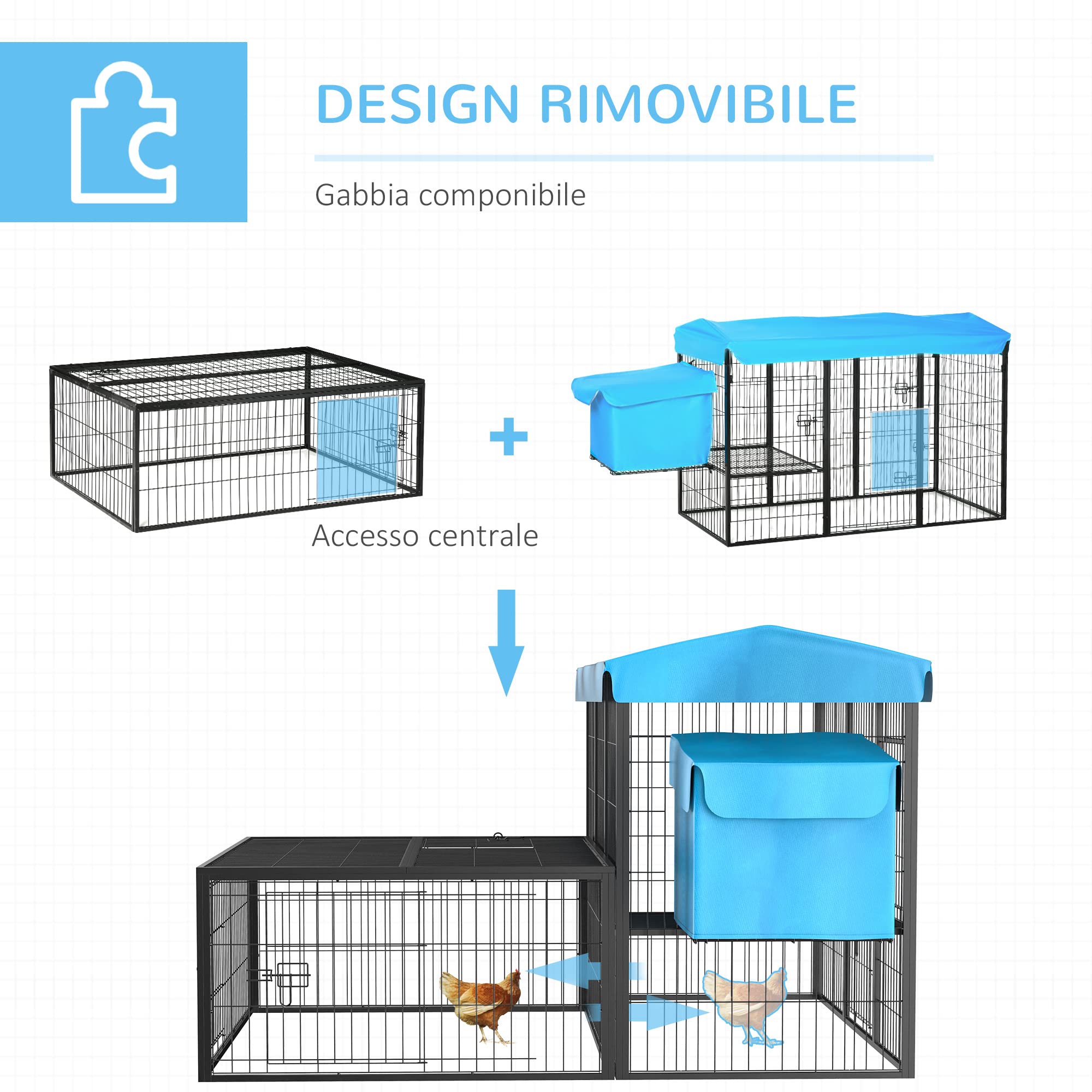 PawHut Pollaio da Giardino Componibile 6-10 Galline Blu 200x165.5x103cm | 2 Gabbie in Acciaio, Gabbia per Galline, Copertura in Poliestere