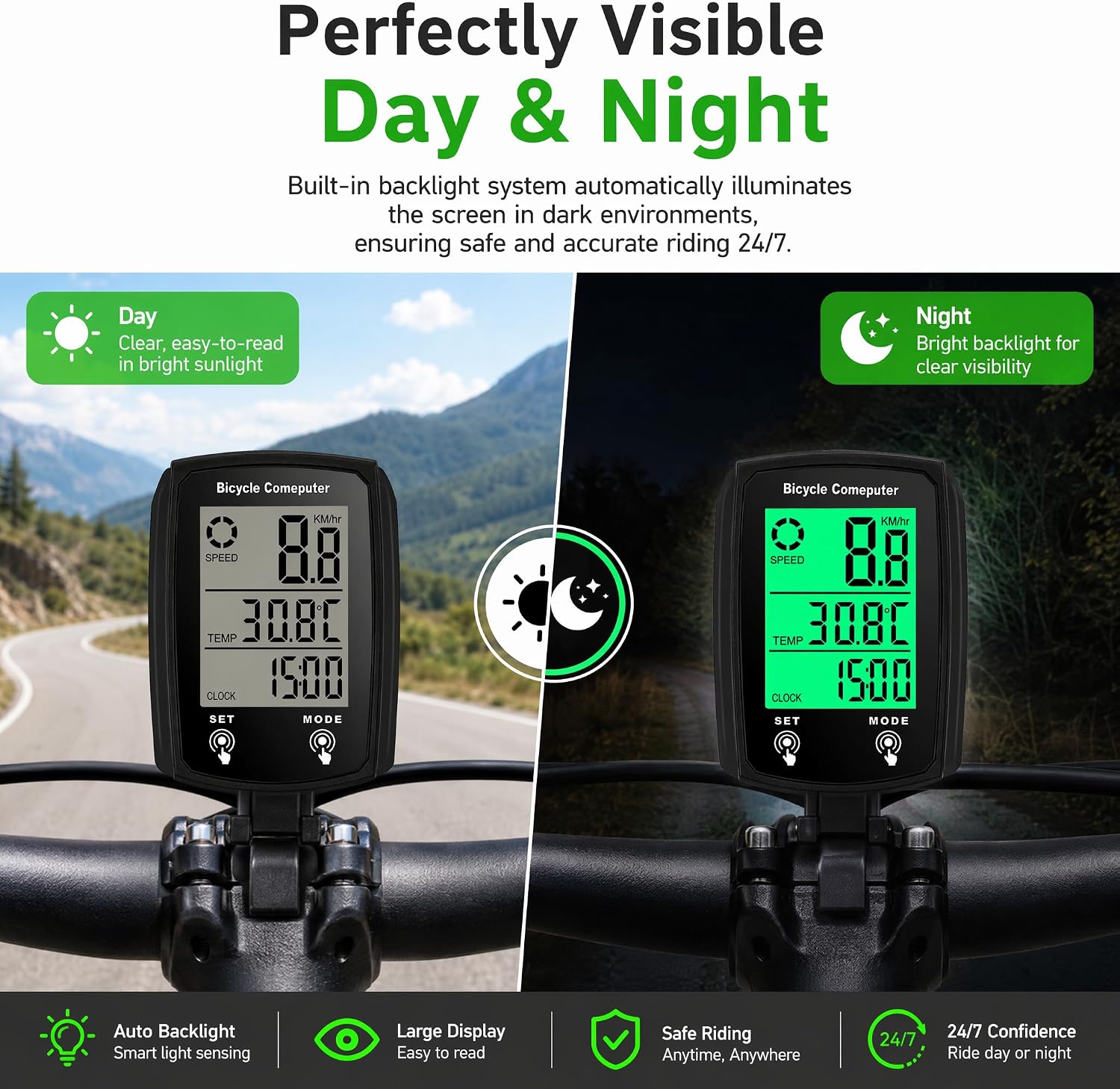 Wired Bike Computer, 19 Functions Touch Bike Speedometer Odometer Computer with Backlight with Speed, Odometer, Trip Distance, Elapsed Time, Calories, Temperature, Scan, Clock | 19 Functions include speed, odometer, trip distance, calories; LCD backlight for easy reading. Durable design for all weather