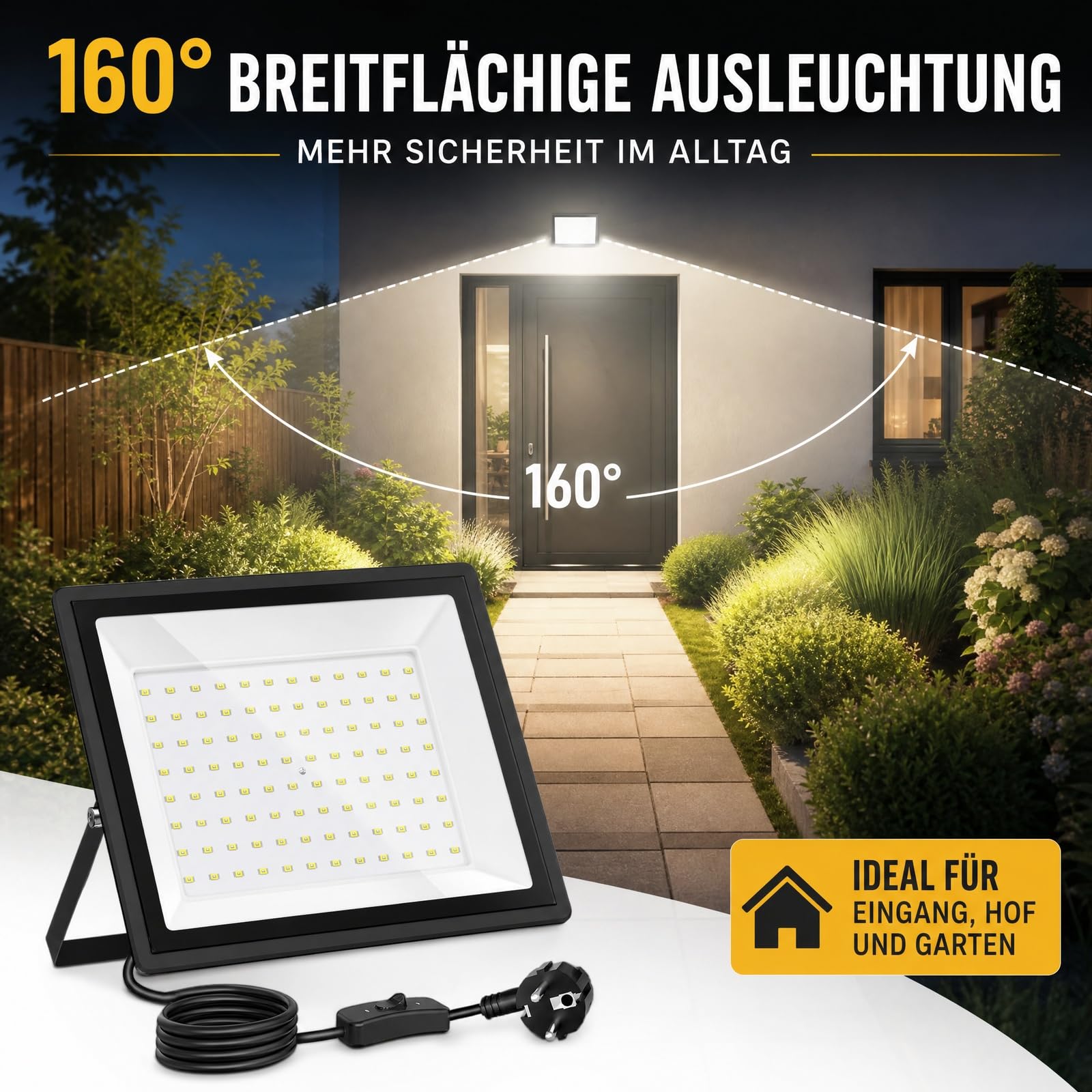 Zewnętrzny reflektor LED 100 W, 11000LM 6500K zimna biel, kabel 2 m z wtyczką, IP66, wodoszczelny, ultra jasny reflektor, idealny do magazynu, budowy, basenu i boiska do koszykówki (100W2P)