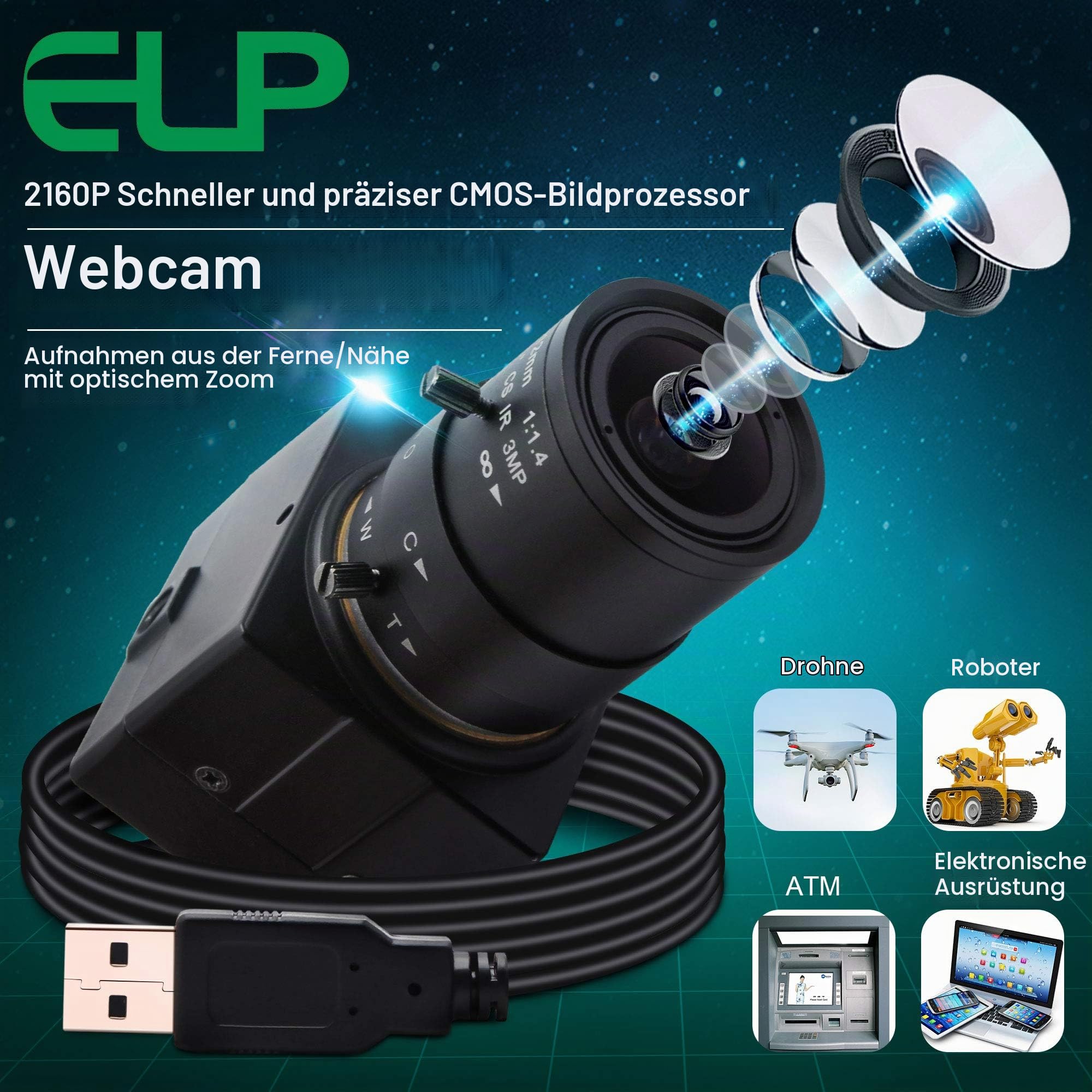 ELP 4K Webcam 30fps,Ultra HD USB Zoom Kamera mit 2.8-12mm Weitwinkel Objektiv,Mini Web Kamera für PC,Plug & Play 2160P Videokonferenz Webkamera für Windows/Linux USB4K03-SFV(2.8-12)