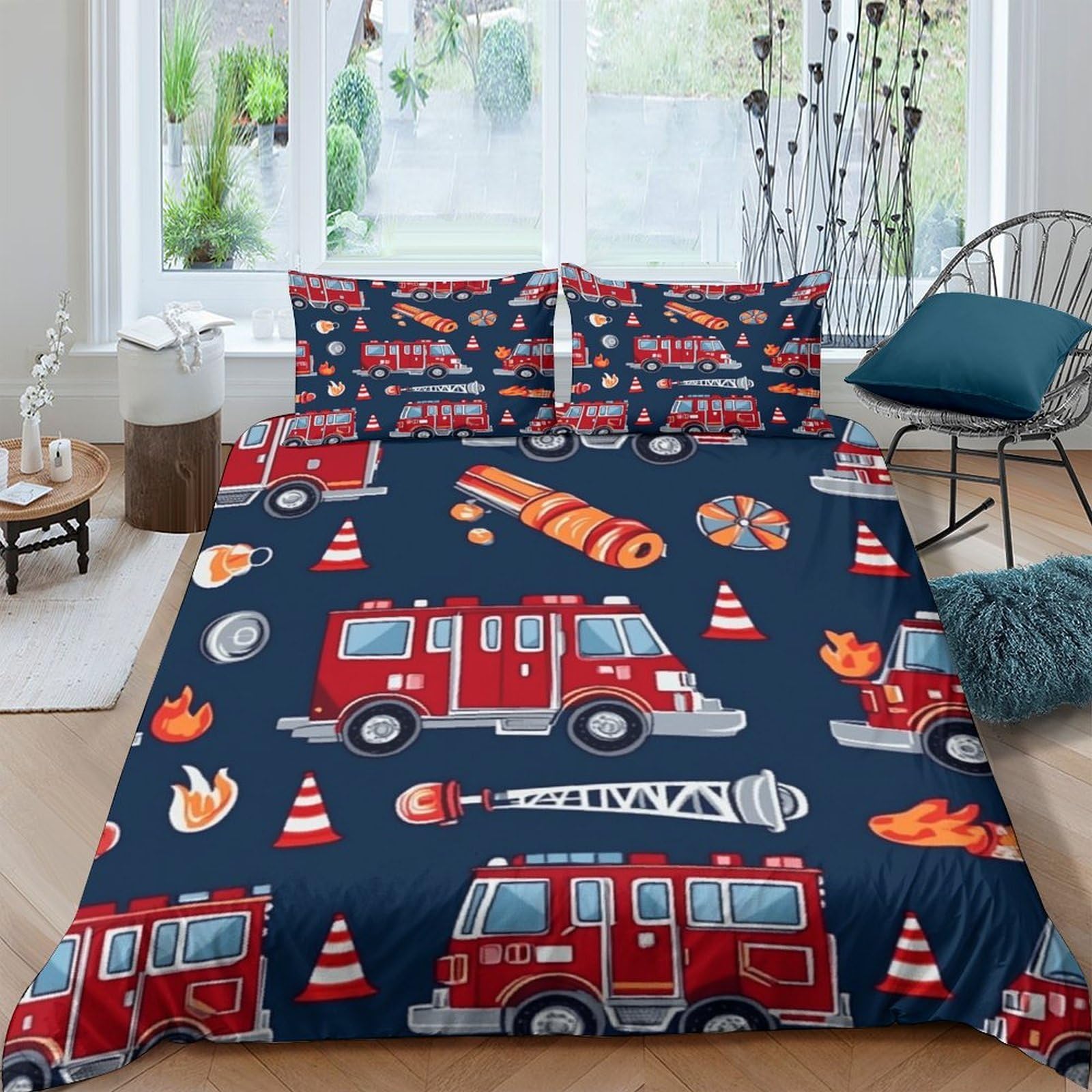 Ctjqhvkz Style-3 3D Printed Fire Truck Fitted Sheet Microfiber Soft Non-Slip Cartoon Firefighter Mattress Cover For Bedroom Dorm Decor Single（135X200cm）
