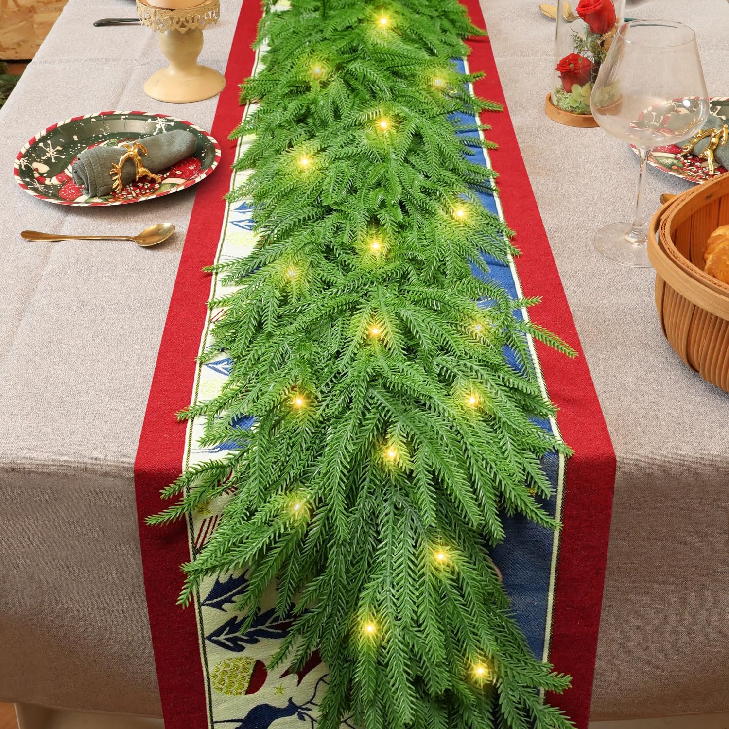 Norfolk Pine Garlands with Light ?Pre-Lit Christmas Garland,Dense Norfolk Pine Real Touch Garlandfor Table, Mantle, Staires, Wall, Premium Indoor/Outdoor Christmas Decorations (1, 9ft) 9ft 1