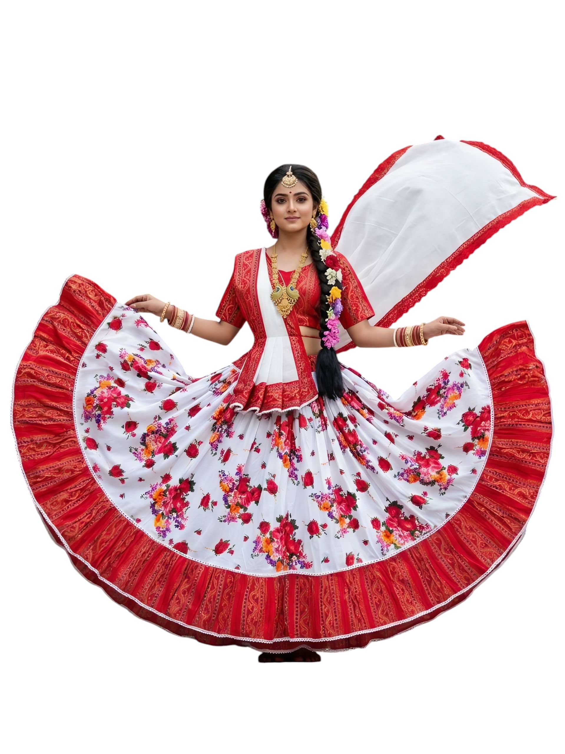 Floral cotton Print Lehenga Choli, Red and White, Gopi dress with cotton dupatta-image-21