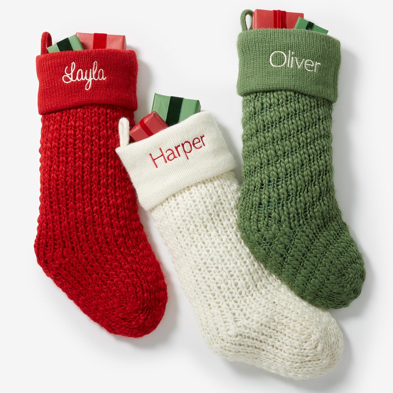 Personalization Universe Knit Noel Embroidered Green Christmas Stocking - 22.5" Classic Cable-Knit Design - Personalized Stockings for Christmas with Customized Names - Holiday Decor