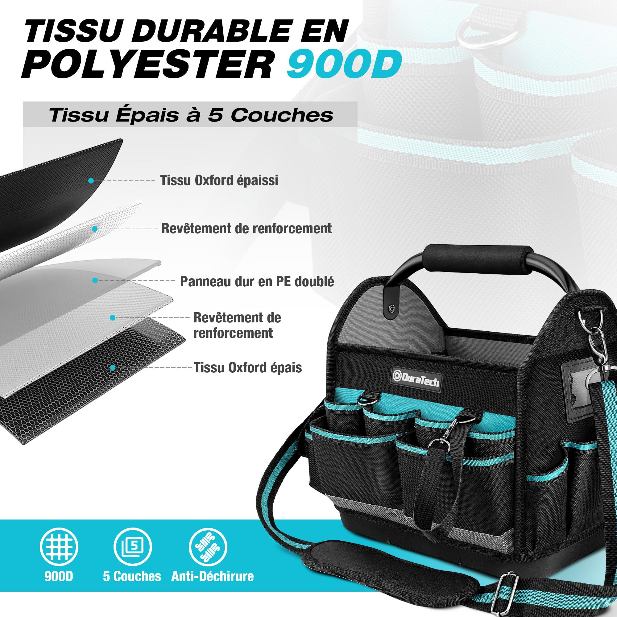 DURATECH Sac à Outils Ouvert 30,5x22x30 cm, Sac à Outils Professionnel 900D | Sac pour Électricien avec Poignée Tubulaire en Acier Rotative et Bandoulière Réglable, Multiples Poches