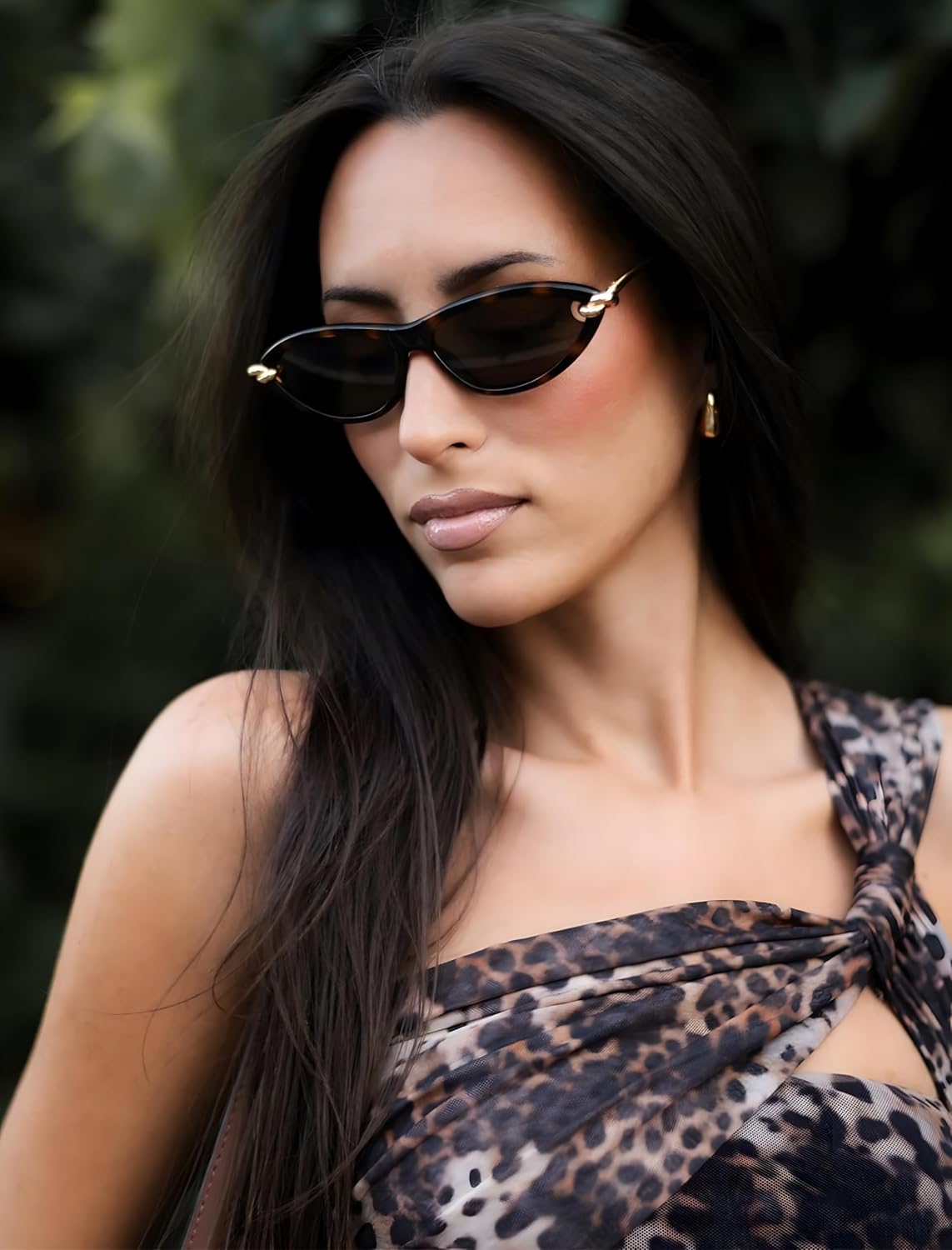 Retro Oval Cat Eye Sunglasses for Women Y2k Designer Trendy Narrow Shades Metal Temples UV protection Sun Glasses - Image 4