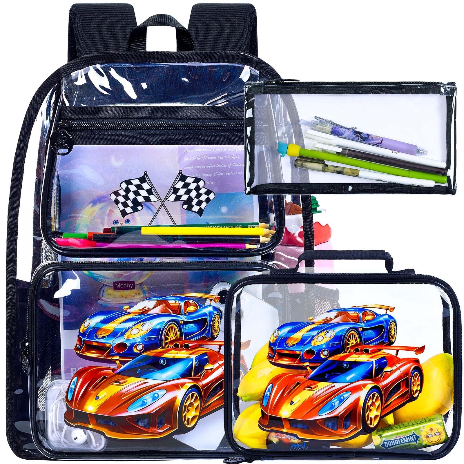 3PCS Kids Clear Backpack Heavy Duty, Cute Transparent Bookbag with Lunch Box for Boys, Black See Through School Bag - Race Car