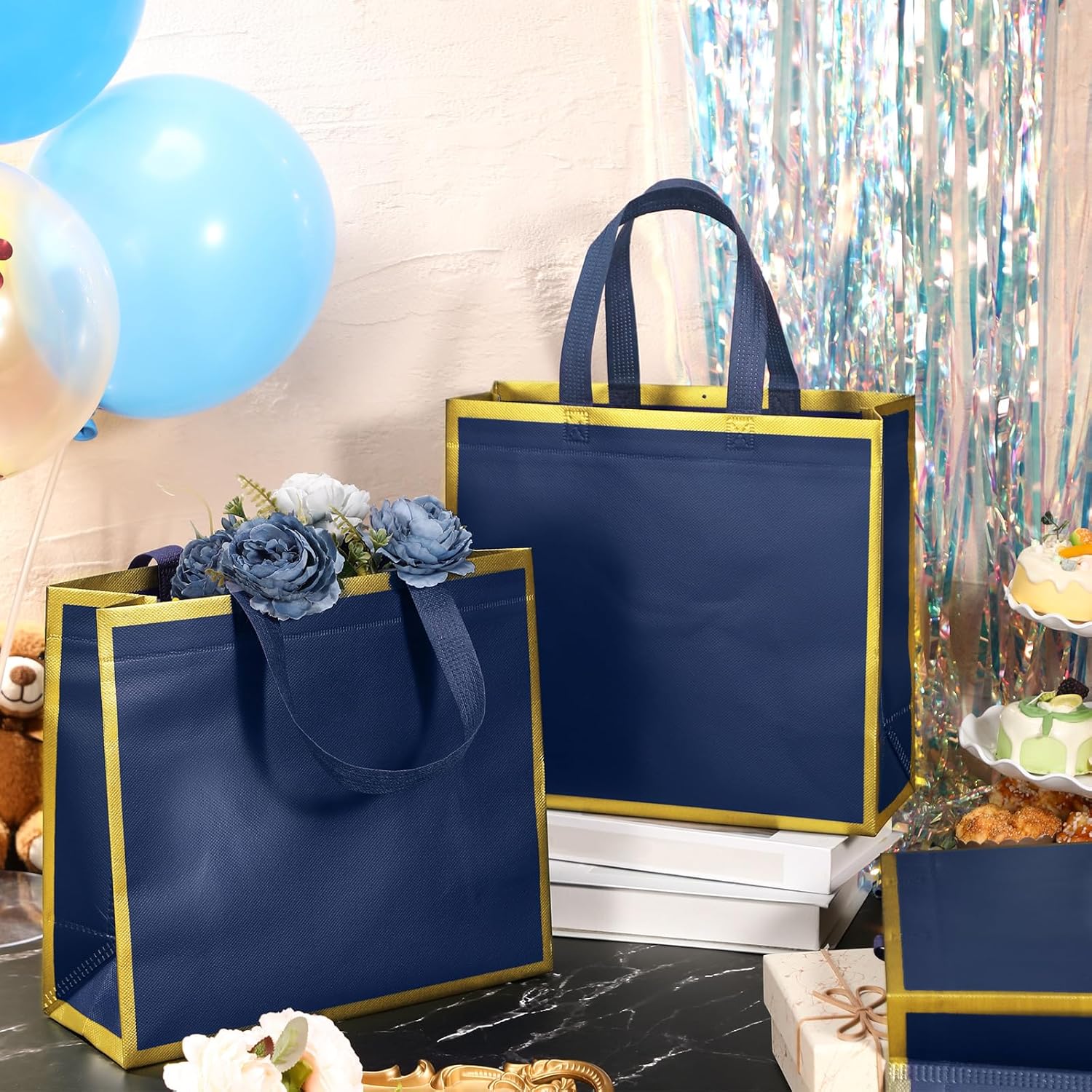 Sweetude 16 Pcs Reusable Gift Bags with Handles Valentine's Day Non Woven Reusable Goodie Gift Tote Bags for Shopping Retail Wedding Birthday Holiday Party Favor(Blue Gold,12 x 4.7 x 11 Inch) - Image 4