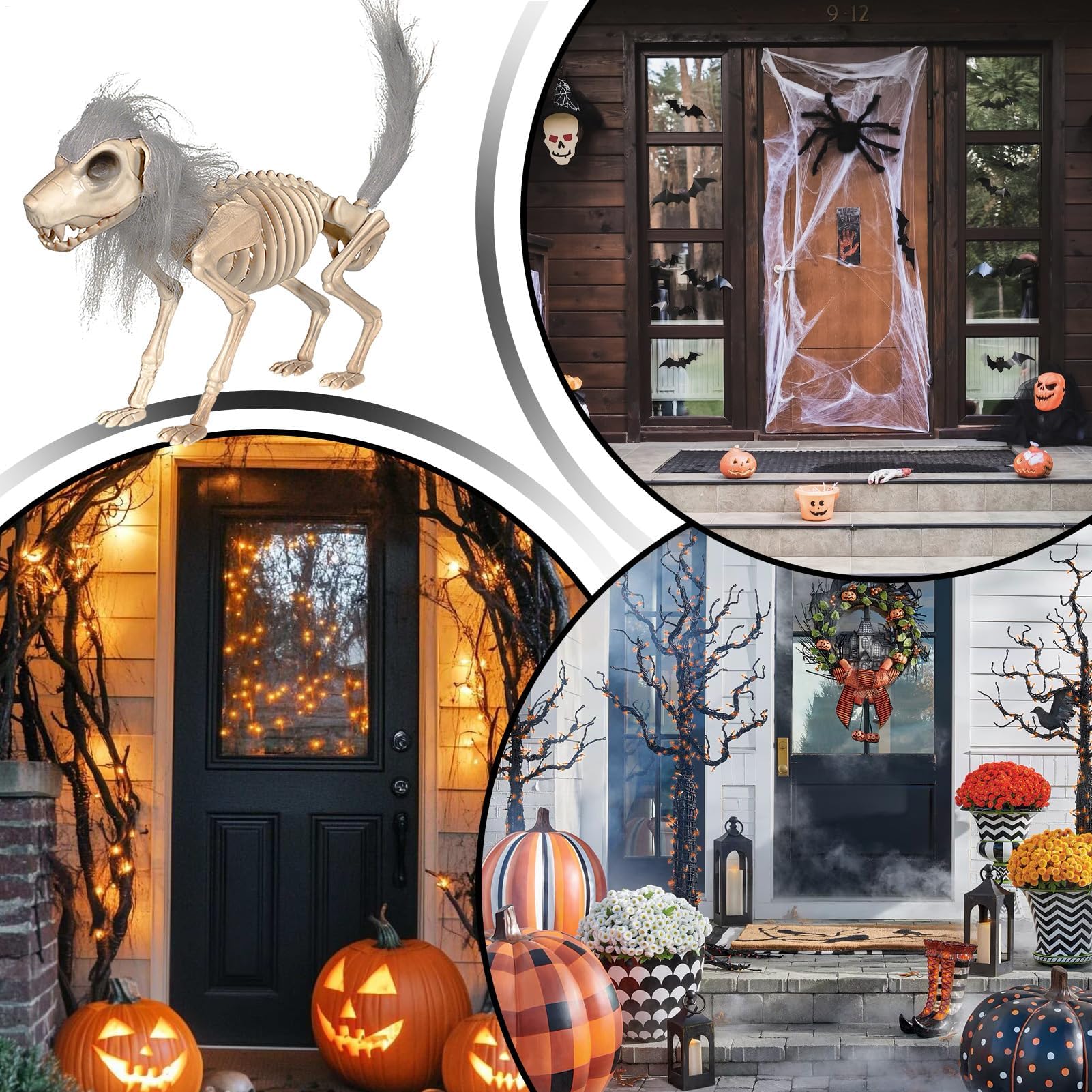 Decoración de perro esqueleto de Halloween – Calavera flexible con hombre, figura de animal, mesa espeluznante y accesorios de Halloween para el jardín