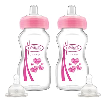 Dr. Browns Wide-Neck Options Baby Bottles, 2-in-1 Transition Bottle Kit, 9 ounce, Pink, 2 Count