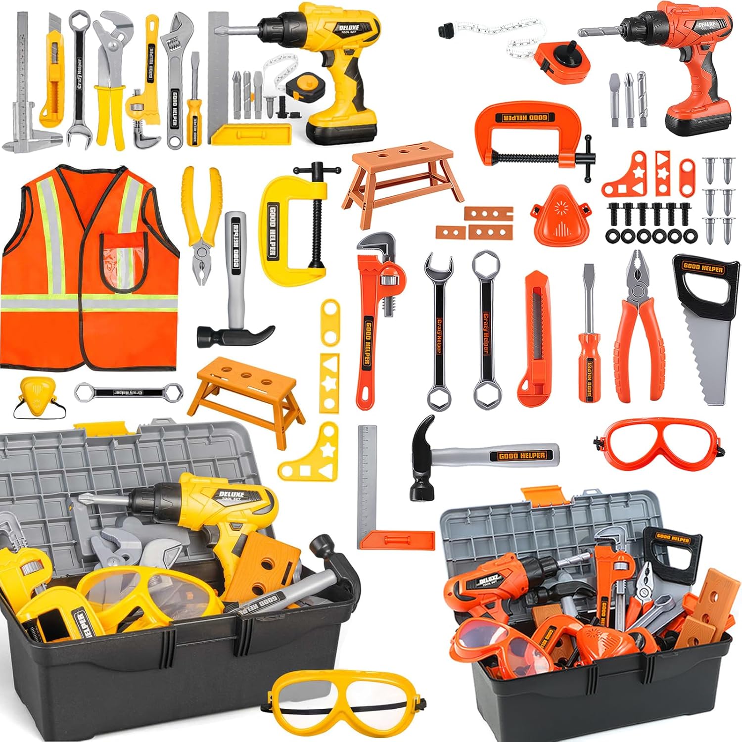 48pcs Orange Kids Tool Set & 48pcs Yellow Toddler Tools Set with Uniform, Kids Tool Box and eletrionic Toy Drill