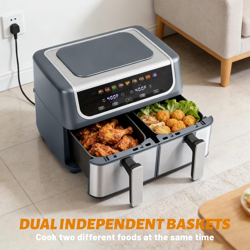 2 Baskets Air Fryer 9.5 QT, 10 in 1 Dual Air Fryers with Ceramic Crisper Plate, 80-450°F Wide Temp, Smart Cooking Mode with Match & Sync Cook, Shake Reminder, Roast, Defrost, Bake, Grey